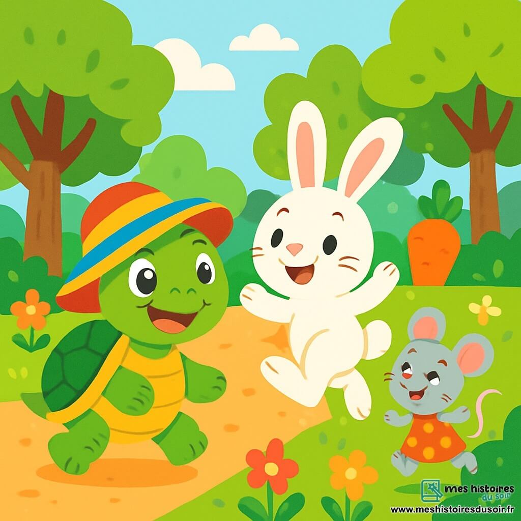 Une tortue joyeuse avec un grand chapeau coloré avance lentement sur un chemin de terre, accompagnée d'un lapin aux grandes oreilles qui saute avec enthousiasme. Plus loin, une souris mignonne, vêtue d'une jupe à pois rouges, court en riant. La scène se déroule dans une forêt ensoleillée, remplie d'arbres aux feuilles vertes et de fleurs colorées. Une grande carotte orange brille au fond, attirant l'attention des animaux. La tortue participe à une course amusante, avançant avec détermination, tandis que ses amis l'encouragent.