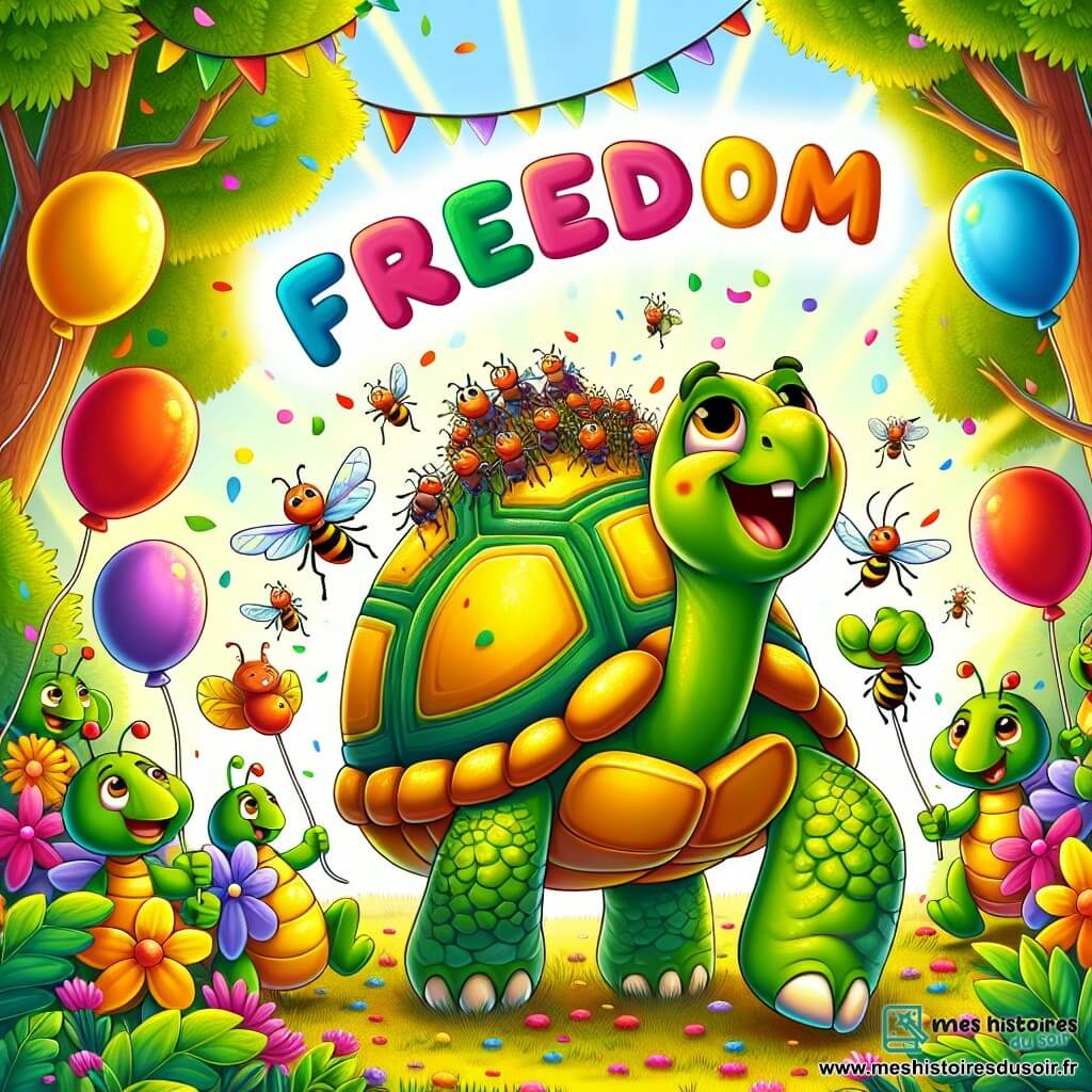 Une tortue joyeuse, avec une coquille verte et jaune, se tient au centre de l'image, souriante et énergique, brandissant une pancarte avec "Liberté" écrit en lettres colorées. À sa droite, un groupe de fourmis dansent, exprimant leur joie d'avoir retrouvé leur reine. En arrière-plan, une forêt verdoyante avec des arbres aux feuilles éclatantes et des fleurs colorées, baignée par la lumière du soleil, crée une ambiance festive. La tortue et les fourmis célèbrent ensemble après avoir sauvé la reine, entourées de ballons et de guirlandes, dans une scène pleine de vie et de bonheur.