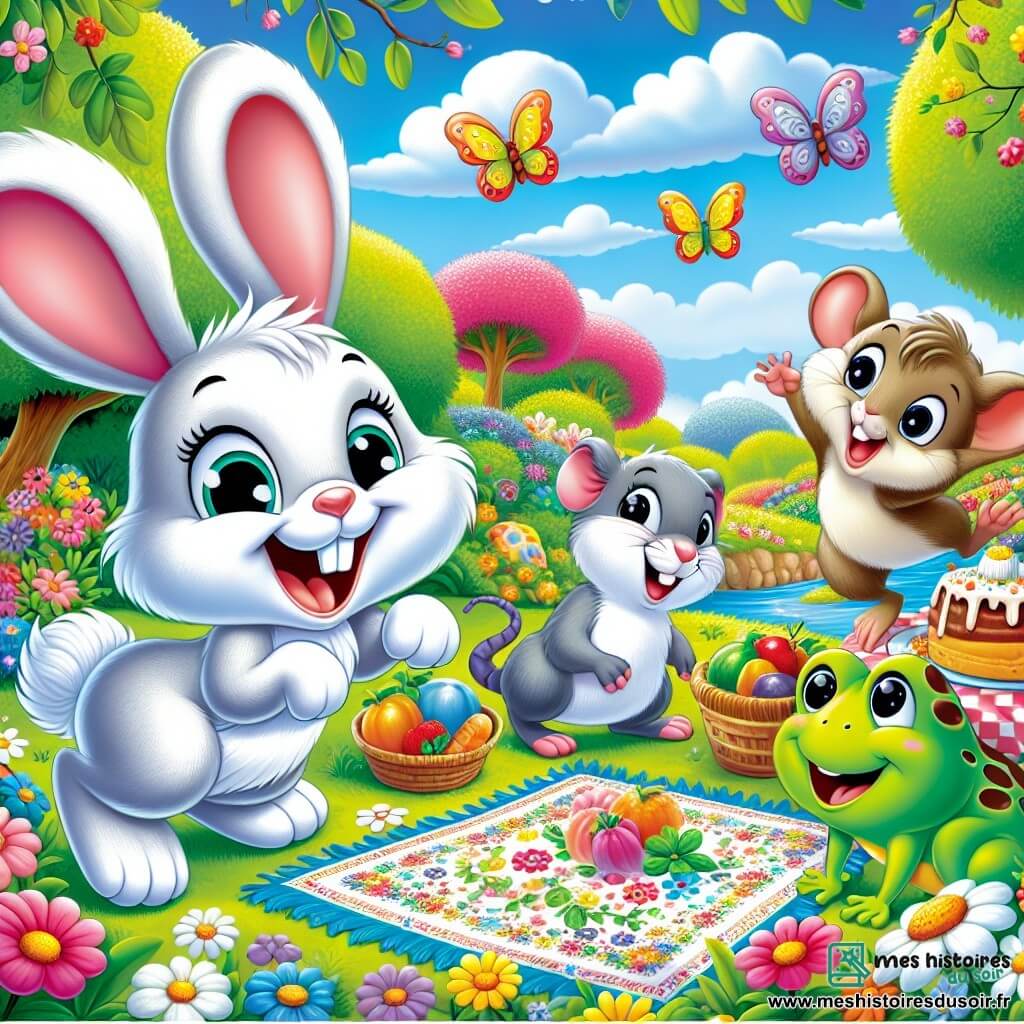 Illustration d'un petit lapin aux grandes oreilles et au pelage blanc qui saute de joie dans un jardin fleuri. Il a des yeux pétillants et un grand sourire. À proximité, une petite souris grise, malicieuse, danse avec un morceau de tissu coloré, tandis qu'une grenouille verte souriante tient une fleur. Le jardin luxuriant est rempli de fleurs colorées, d'arbres verts et d'un ciel bleu clair. Les personnages préparent une fête printanière, décorant le jardin et s'amusant ensemble. On voit aussi une table de fruits et gâteaux colorés, des oiseaux chantant et des papillons, créant une ambiance festive.