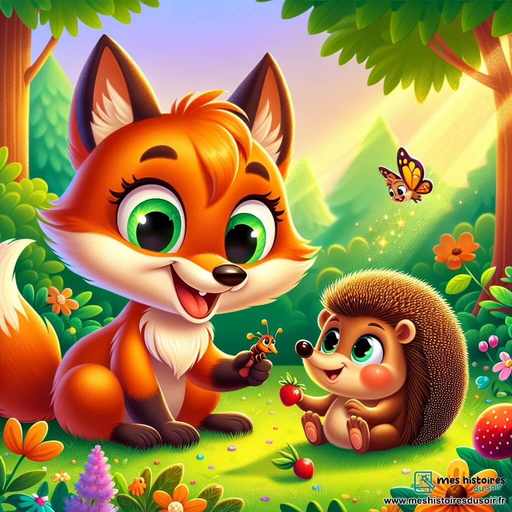 Un jeune renard roux nommé Roxy est assis sur l'herbe, souriant et tenant un insecte dans ses pattes. À côté de lui, un hérisson nommé Hugo regarde une baie qu'il tient, affichant une expression d'excitation. La scène se déroule dans une forêt enchantée, où le soleil filtre à travers les feuilles, créant des ombres sur le sol. Des fleurs colorées et des baies brillantes ajoutent de la magie à l'environnement. Roxy et Hugo partagent leurs déjeuners, illustrant ainsi l'amitié.