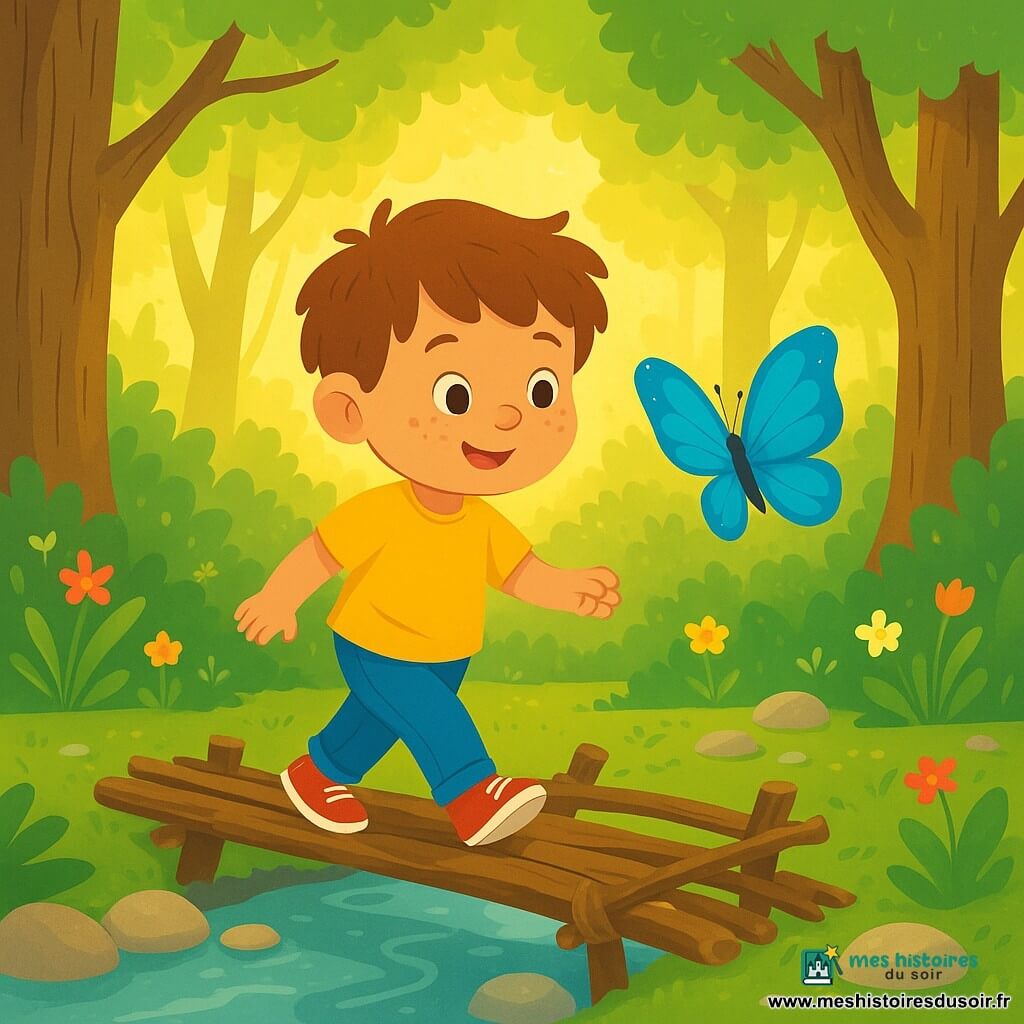 Garçon de 4 ans, heureux et déterminé, visage rond tacheté de rousseur, cheveux châtains en bataille, chaussures rouges et pantalon bleu, marche prudemment sur un petit pont de branches qu'il a construit au-dessus d'un ruisseau; un grand papillon bleu vif vole devant lui, ailes scintillantes; pas d'autres personnages; lisière de forêt lumineuse avec troncs texturés, rayons de soleil, feuilles vertes, fleurs sauvages et galets au bord d'une eau claire; instant magique et aventureux, ruisseau qui murmure, feuilles qui bougent, couleurs saturées et style doux et enfantin.