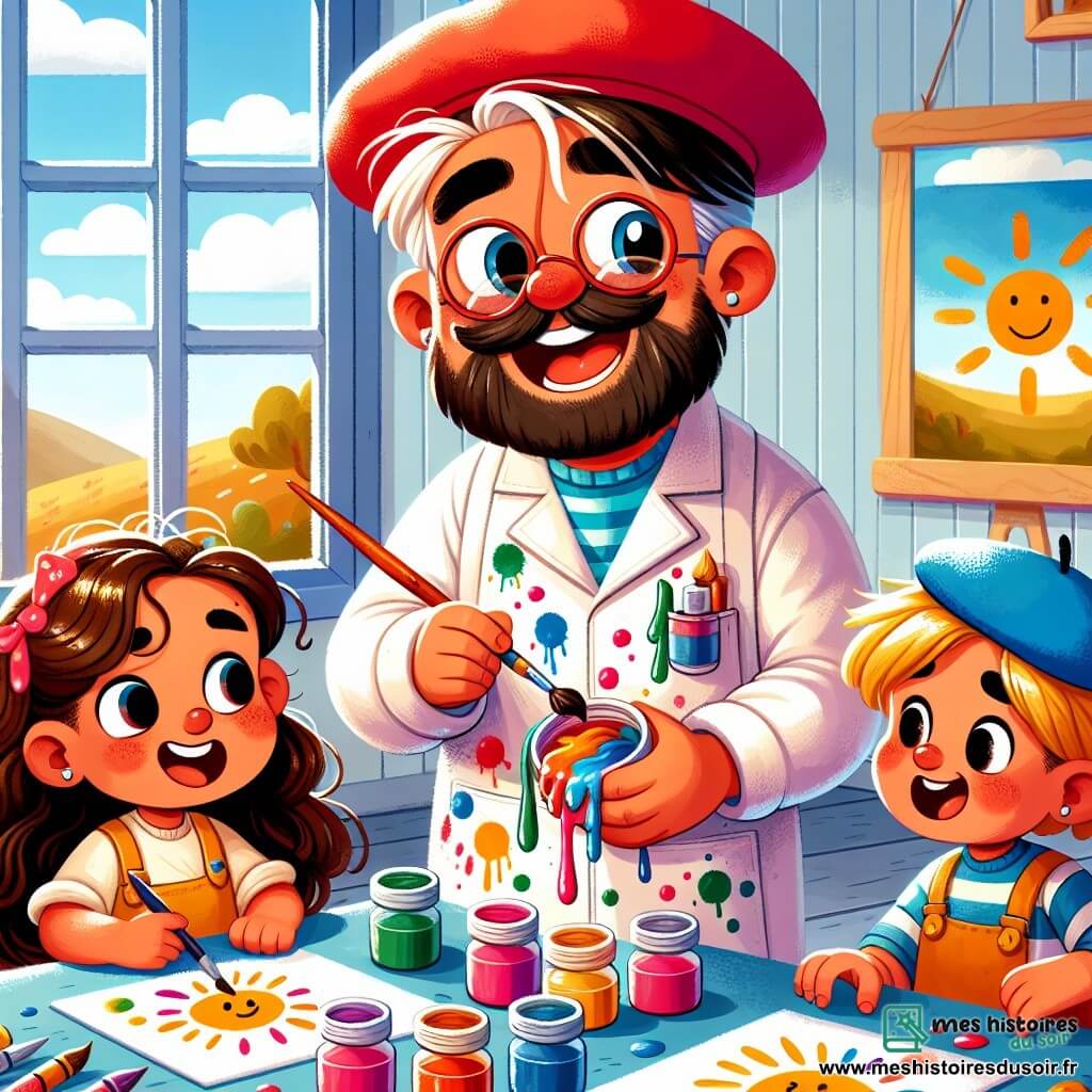 Un homme joyeux, Monsieur Hugo, porte une blouse blanche éclaboussée de couleurs et un béret rouge. Avec un grand sourire et des yeux pétillants, il montre aux enfants comment mélanger les peintures. Trois enfants sont présents : une fille de 6 ans avec des cheveux bouclés et une robe jaune, un garçon de 5 ans avec une casquette bleue, et une fille de 7 ans aux cheveux longs, tous absorbés par l'art. L'atelier est lumineux, avec des tableaux colorés aux murs et des pots de peinture sur les tables. La scène montre Monsieur Hugo expliquant aux enfants comment créer des œuvres d'art, remplis de joie et de créativité.