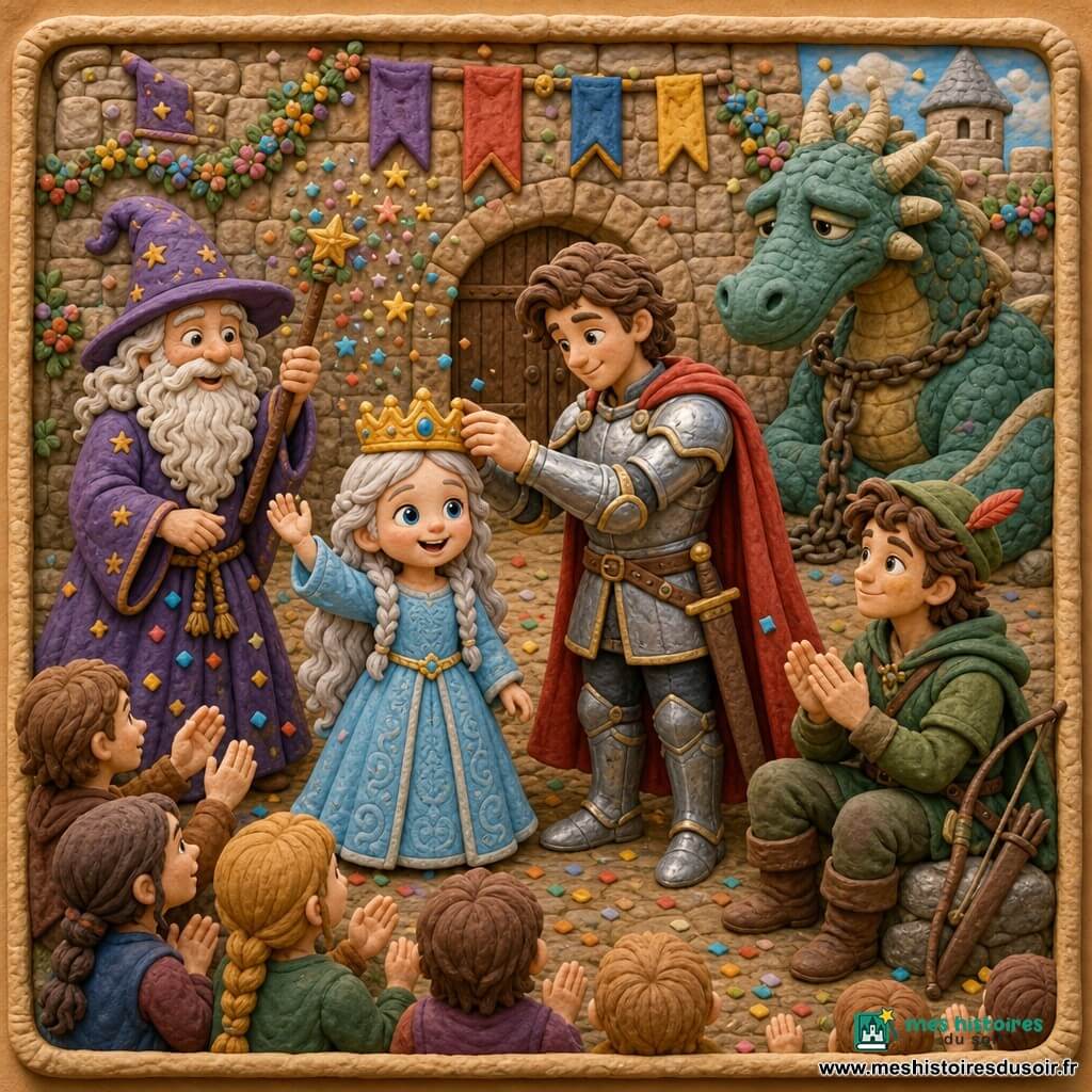 La princesse Luna joyeuse, cheveux argentés en tresses, reçoit une petite couronne dorée tandis que le chevalier Arthur en armure et cape rouge sourit et Merlin, en robe violette, fait jaillir des étincelles, l’archer Robin applaudit assis, un dragon calme est en arrière‑plan ; la cour du château en bas‑relief, guirlandes et drapeaux, lumière dorée, confettis en pâte à modeler, palette saturée, formes simples et textures palpables évoquent une fête chaleureuse.