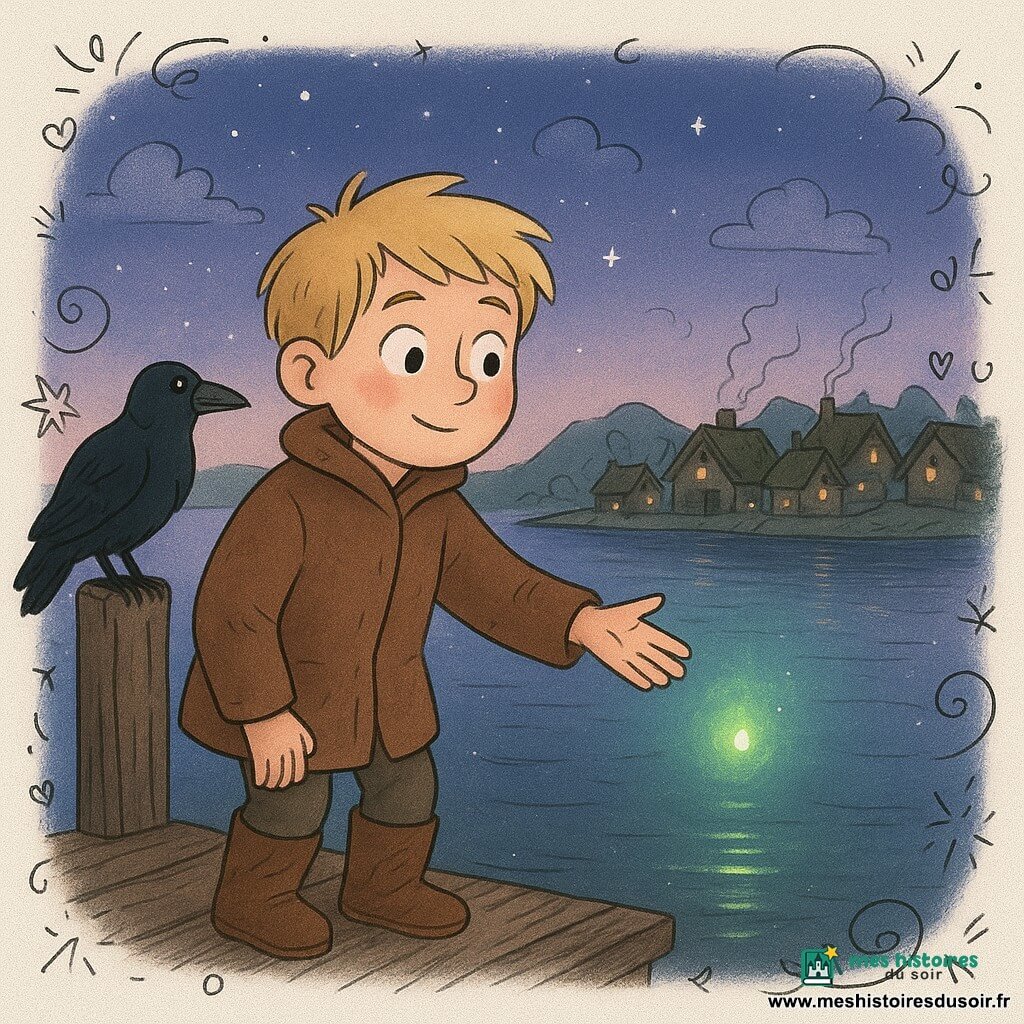 Einar, jeune homme aux cheveux blonds et aux joues rougies par le froid, se tient au bord d'un quai en bois humide, vêtu d'un manteau de laine brune et de bottes boueuses; il tend la main vers une petite lumière verte flottant au ras de l'eau tandis qu'un corbeau noir perché sur un poteau l'observe, et au loin un village viking aux toits de tourbe fume, le fjord miroir reflète des teintes vertes et argentées et le ciel crépusculaire bleu‑violet est parsemé d'étoiles.