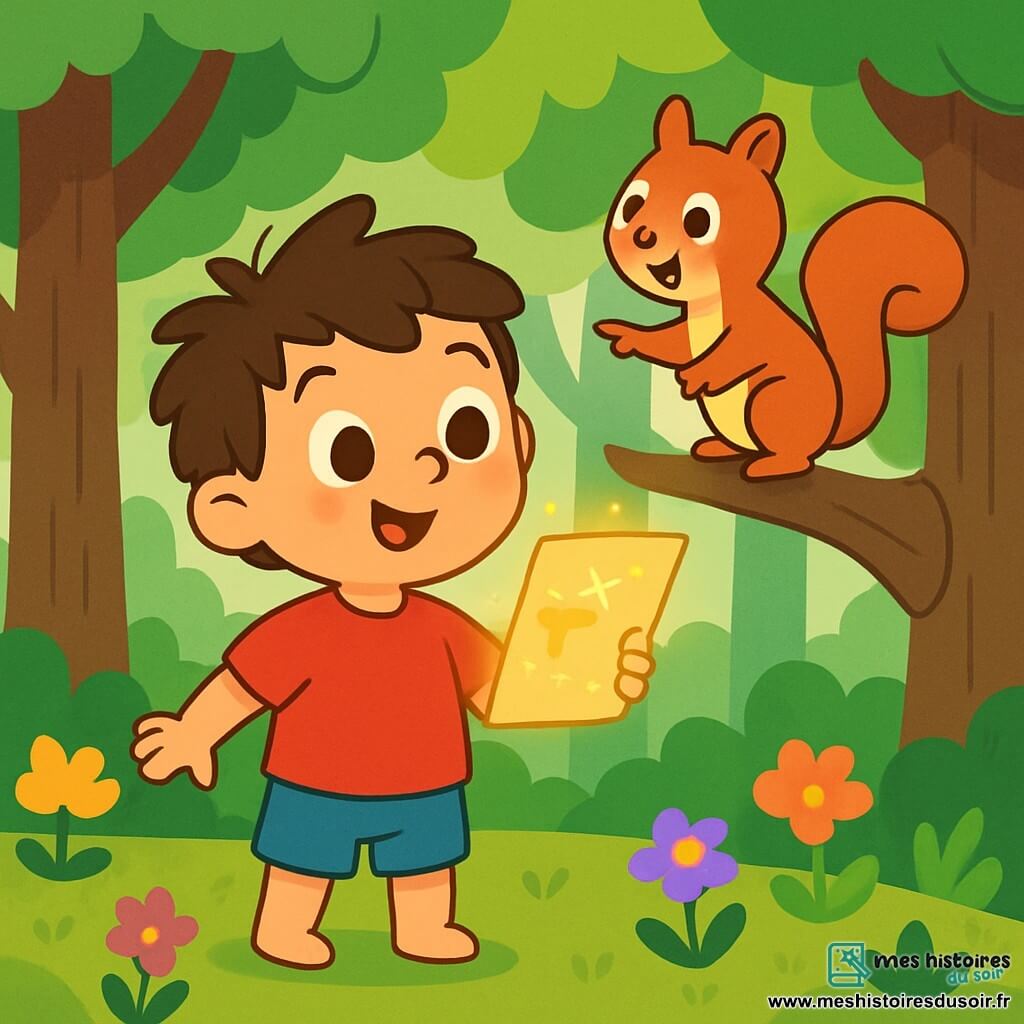Léo, un petit garçon de 2 ans aux cheveux bruns en désordre et aux yeux curieux, se tient dans une forêt enchantée. Vêtu d'un t-shirt rouge et d'un short bleu, il exprime joie et excitation en regardant une carte magique. À ses côtés, Mimi, un écureuil roux d'un an, grimpe sur une branche et pointe une direction pour aider Léo. La forêt est luxuriante avec de grands arbres et des fleurs colorées. Ensemble, ils se préparent à explorer et à trouver un grand arbre mystérieux, Léo suivant la carte tandis que Mimi l'encourage.