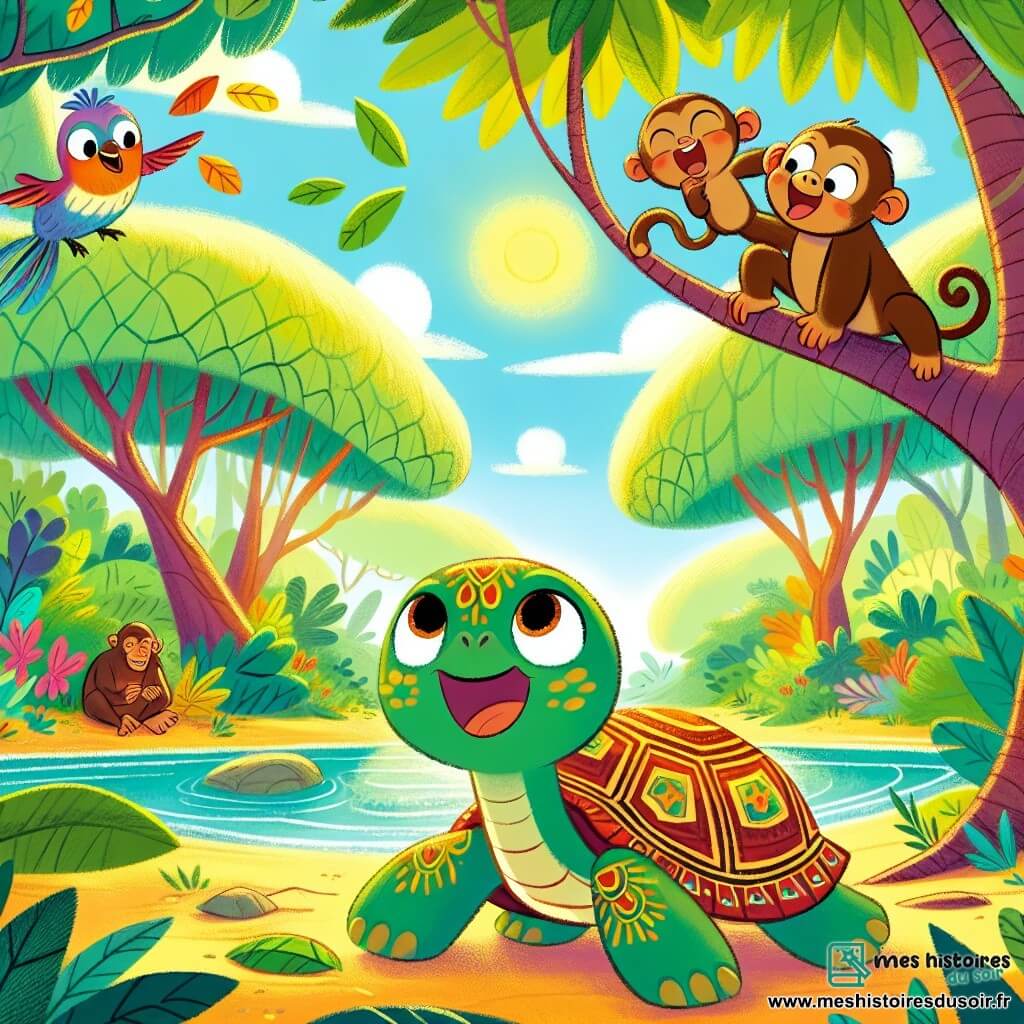 Au centre de l'image, Tika, la tortue femelle à la carapace verte ornée de motifs dorés, affiche une expression de curiosité en admirant le ciel bleu. À ses côtés, Kofi, le singe espiègle au pelage brun clair, est accroché à une branche, riant et faisant des grimaces. Nia, l'oiseau chanteur coloré avec des plumes rouges, jaunes et bleues, chante sur une branche. En arrière-plan, la scène se déroule dans une clairière ensoleillée entourée d'arbres majestueux et d'une rivière scintillante. Tika et ses amis dansent et chantent ensemble, célébrant leur nouvelle amitié dans la joie de la nature.