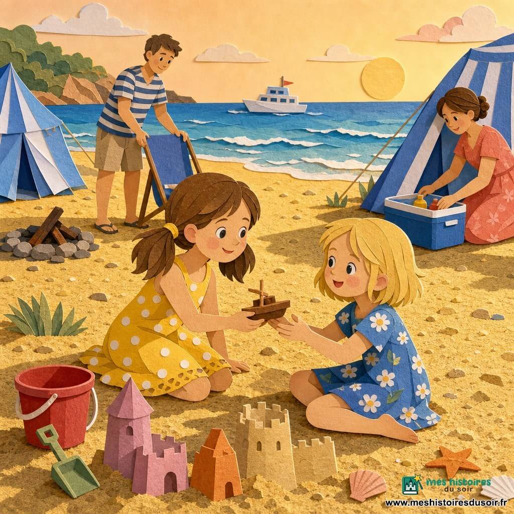 Emma, 10 ans, souriante et bienveillante, cheveux bruns en couettes, robe d’été jaune à pois blancs, tend un petit jouet en bois à Sophie, 10 ans, émue et timide, cheveux blonds courts, robe bleue à fleurs, assise sur le sable en souriant ; le père (~35 ans) en t-shirt rayé et short beige installe une chaise pliante derrière elles, la mère (~33 ans) en robe corail prépare une glacière près d’une tente rayée à droite ; plage de sable doré avec châteaux de sable colorés, seau rouge et pelle verte au premier plan, vagues bleues et bateau à l’horizon, tente de camping rayée et petit feu de camp éteint en arrière-plan gauche, lumière chaude de fin d’après-midi, ombres longues, palette pastel avec contrastes nets et textures de papier collé, scène centrée sur l’échange du jouet, atmosphère douce et chaleureuse.