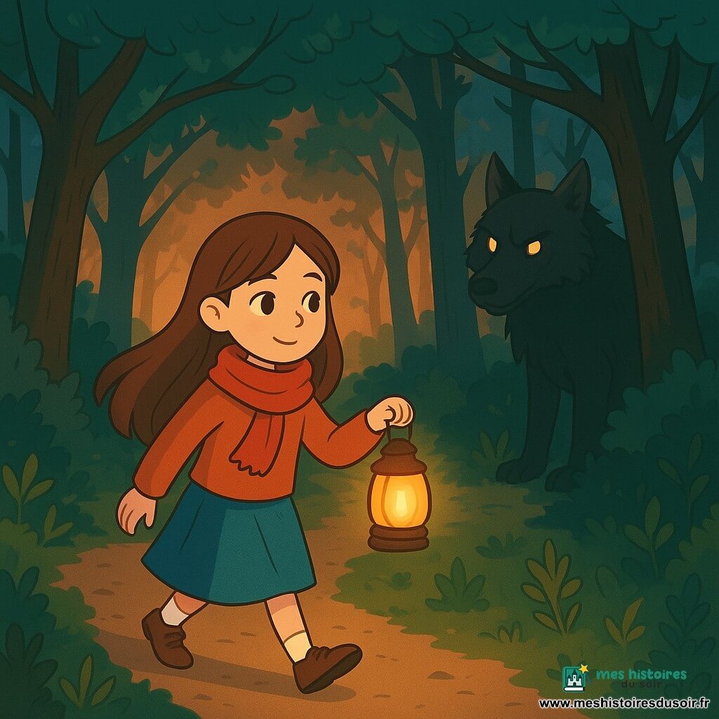 Lina, une fille de 10 ans aux longs cheveux bruns et aux yeux curieux, marche avec détermination sur un sentier forestier. Elle porte une écharpe rouge et tient une petite lampe allumée, exprimant une douce confiance. Le Grand Méchant Loup, créature imposante à la fourrure sombre et aux yeux brillants, se tient à l'orée des arbres, l'observant d'un regard intrigué. La forêt dense est baignée de lumière crépusculaire, avec des arbres aux troncs épais et des branches entrelacées formant un plafond naturel. Lina avance courageusement, éclairée par sa lampe, tandis que le loup reste à distance, partiellement caché par les ombres des arbres.