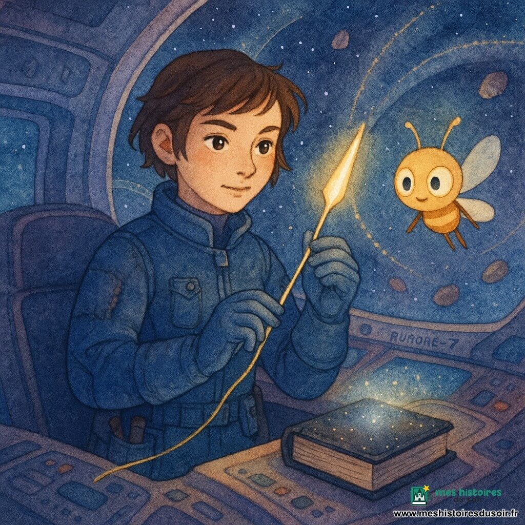Mina, capitaine au visage déterminé et doux, yeux noisette, cheveux courts châtains un peu décoiffés, porte une combinaison spatiale bleu nuit réparée et pocheuse d'outils ; elle tient entre ses mains gantées l'Aiguille d'Astre, une grande aiguille lumineuse, tandis qu'elle recoud une couture du ciel avec un fil-lumière doré formant des points réguliers ; à côté, Lorn, petit gardien de lumière flottant en luciole géométrique aux yeux brillants, apparaît dans le reflet du hublot avec une expression malicieuse, et un atlas vivant en cuir noir constellé de points argentés repose sur la table de pilotage, pages mi-ouvertes émettant une lueur douce ; le cockpit de l'Aurore-7, ouvert sur l'Atelier des Routes, présente panneaux métalliques et écrans courbes aquarellés, arches d'étoiles au hublot, fils lumineux dorés et météorites polies en arrière-plan ; atmosphère mêlant technologie et magie, tons bleu profond, violet et touches d'or, style aquarelle doux aux traits fins et textures lumineuses.
