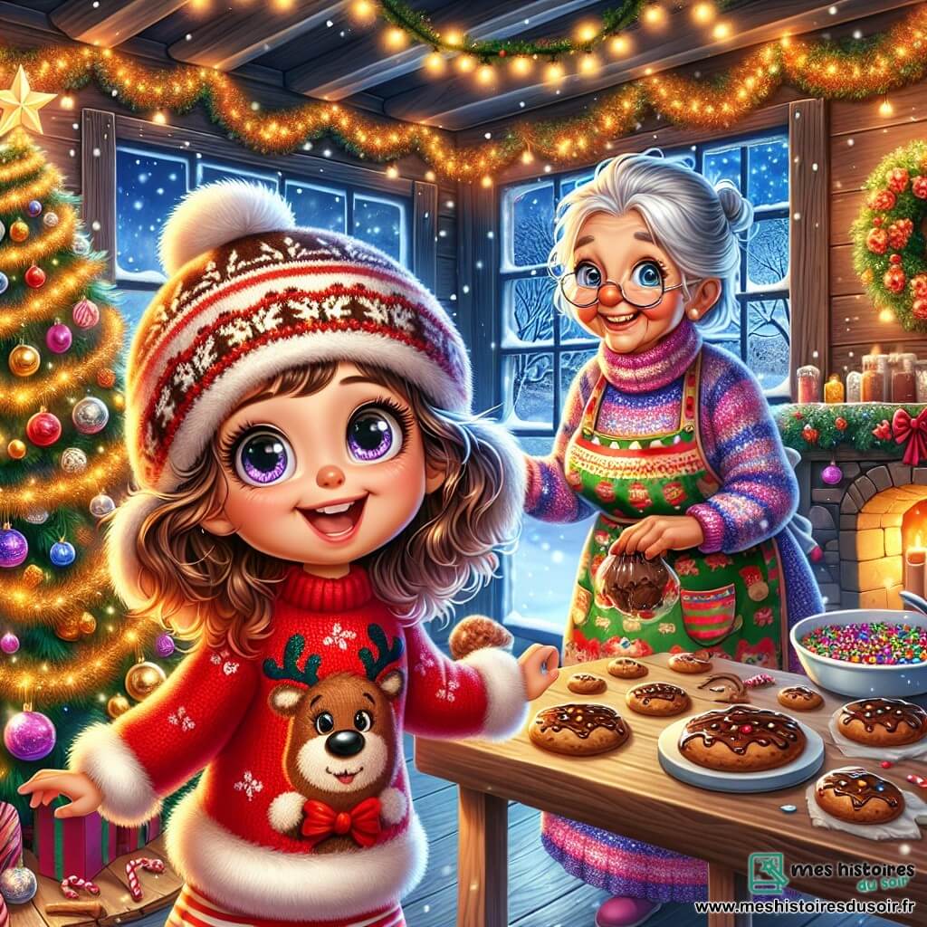 Lila, une petite fille de 5 ans aux grands yeux pétillants et cheveux bouclés, porte un pull rouge avec des rennes et un bonnet en laine. Elle décore un sapin de Noël avec des boules scintillantes et des guirlandes dorées, souriante de joie. À ses côtés, Mademoiselle Sucre, une vieille dame de 70 ans aux cheveux argentés et portant un tablier coloré, prépare des biscuits au chocolat sur une table en bois, entourée de bonbons et de glaçage. Le décor est une maison en bois chaleureuse, avec des murs ornés de guirlandes lumineuses et un sapin illuminé. La neige tombe doucement à l'extérieur, créant une ambiance féerique. La scène montre Lila et Mademoiselle Sucre riant et partageant des biscuits, illustrant la magie de Noël et l'importance de partager la joie.