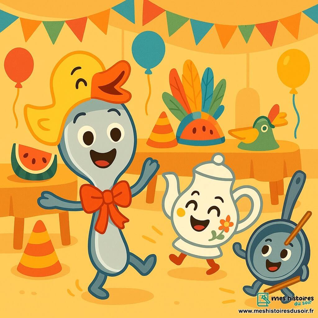 Cuillou, une cuillère joyeuse avec un ruban rouge, danse au milieu d'une fête colorée. Elle a des yeux pétillants et un sourire large, entourée de chapeaux rigolos. À côté, une théière dansante en porcelaine blanche avec des motifs floraux tourne en riant, tandis qu'une poêle brillante avec des baguettes de tambour frappe joyeusement le sol. La salle est décorée de guirlandes colorées, de ballons et de tables remplies de chapeaux amusants. Cuillou essaie le chapeau canard en riant, encouragée par les autres personnages qui dansent autour d'elle, créant une atmosphère festive.