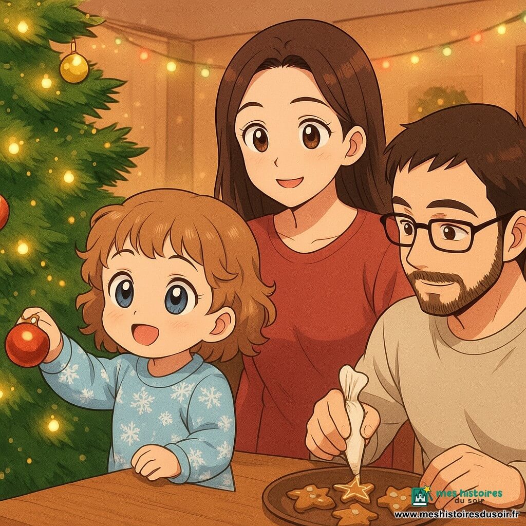 Une fillette de 2 ans, aux cheveux bouclés châtain clair et aux grands yeux curieux, touche délicatement une boule rouge sur le sapin de Noël. Elle sourit émerveillée, en pyjama à motifs de flocons de neige. Sa maman, une femme aux cheveux longs bruns, se tient à côté d'elle, souriante et bienveillante. Le papa, un homme barbu avec des lunettes, est assis à une table proche, décorant des biscuits. La scène se déroule dans un salon chaleureux, décoré pour Noël avec un sapin scintillant et des guirlandes. La fillette découvre la magie de Noël entourée de ses parents aimants.