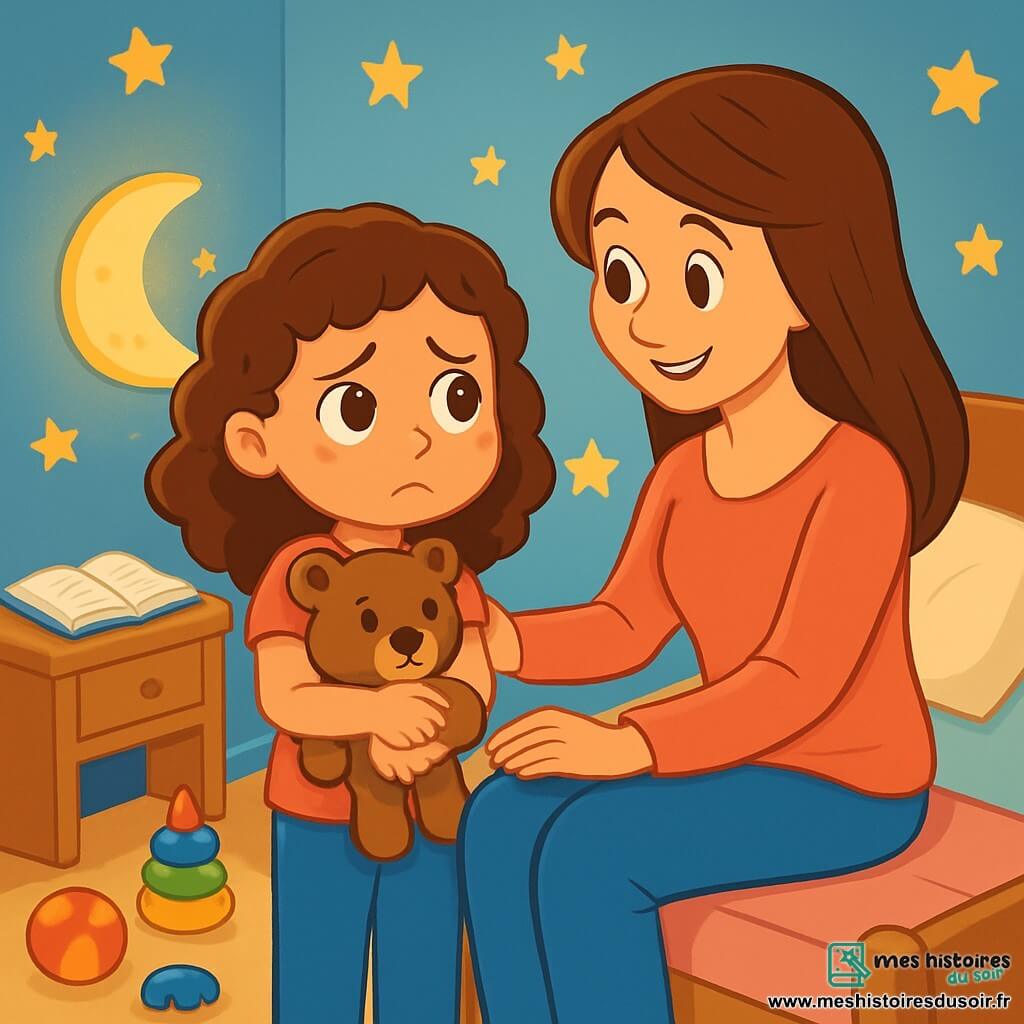 Lucie, une petite fille de 6 ans avec de grands yeux curieux et des cheveux bruns bouclés, se tient au bord de son lit, inquiète, serrant son nounours contre elle. Sa maman, une femme douce d’environ 30 ans, lui sourit tendrement en s’asseyant à ses côtés pour lui apporter réconfort. La chambre, peinte en bleu pastel avec des étoiles dorées, est accueillante, éclairée par une veilleuse en forme de lune. Lucie, assise dans son lit, regarde sa maman avec peur, cherchant sécurité et amour face à sa peur du noir.