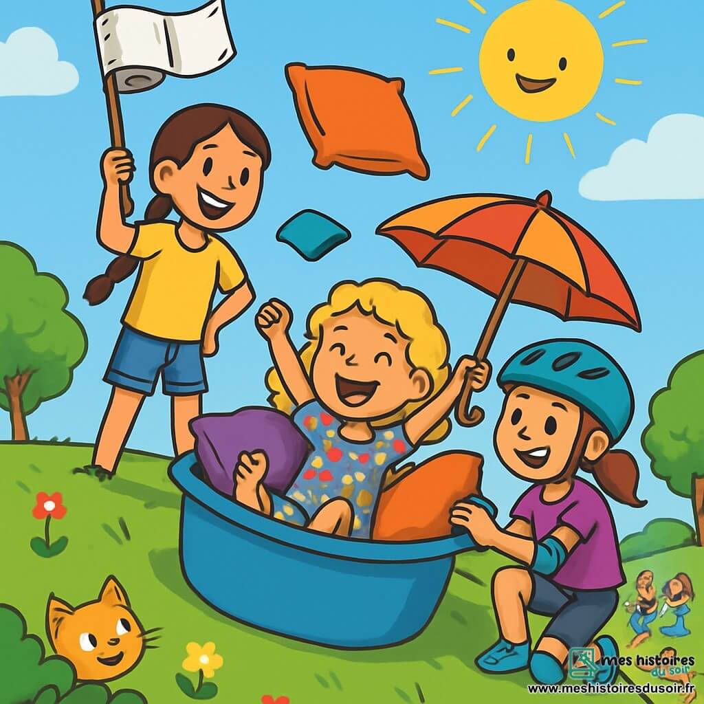 Trois personnages se trouvent dans un parc ensoleillé : Zoé, 10 ans, avec de longs cheveux bruns tressés, un t-shirt jaune et un short en jean, souriante au sommet d'une colline avec un drapeau en papier toilette ; Maïa, 9 ans, cheveux bouclés blonds, assise dans une bassine bleue, les bras levés en signe de victoire ; et Lila, 9 ans, cheveux châtains en queue de cheval, portant un casque et des coudières, accroupie à côté de la bassine avec un parapluie pour protéger ses amies du soleil. Elles rient, prêtes à descendre la pente dans la bassine, tandis qu'un chaton les observe et des coussins volent autour d'elles. En bas, des passants amusés prennent des photos et un labrador joue près d'une balançoire.