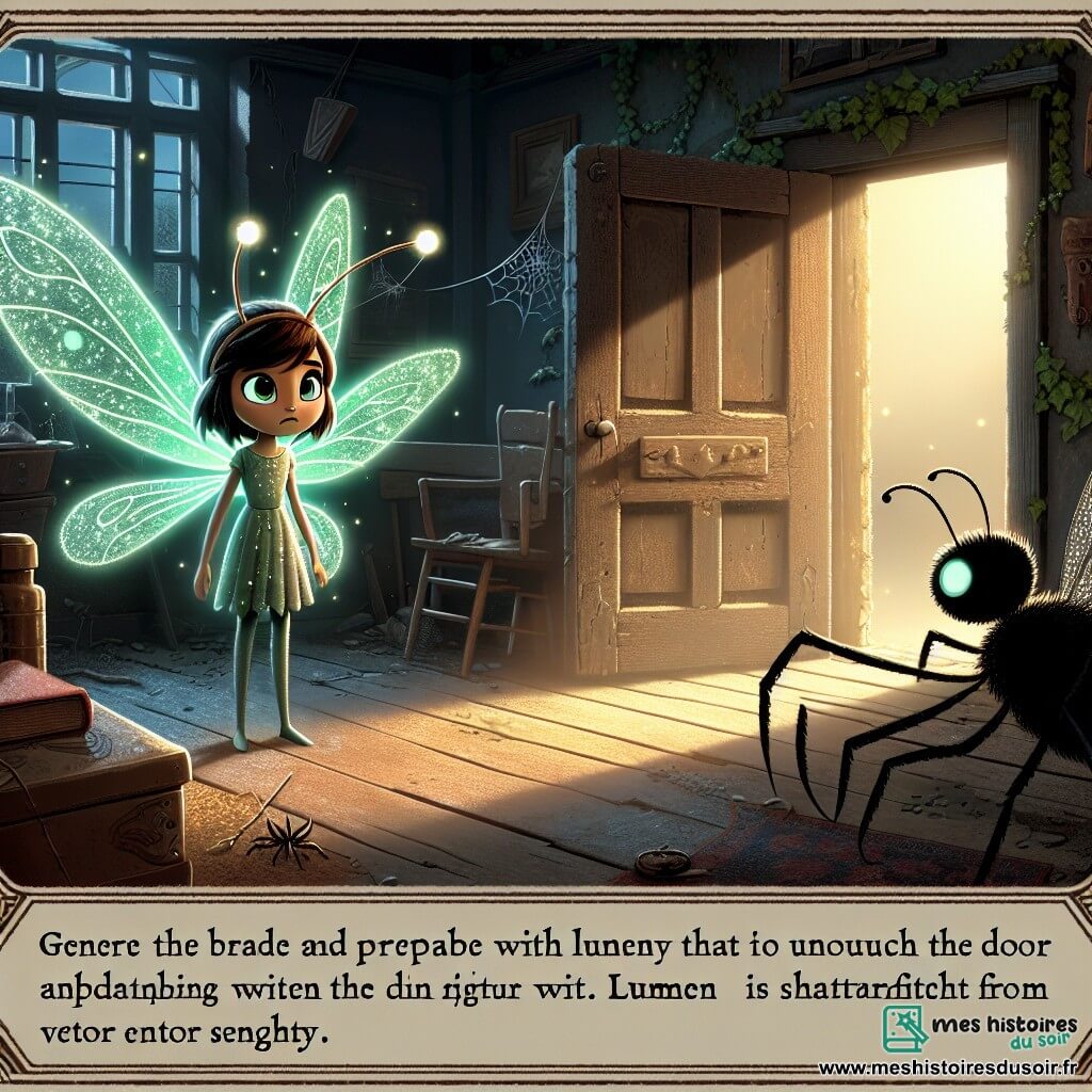 Lumen, une luciole aux ailes émeraude scintillantes, flotte dans une pièce sombre et poussiéreuse, affichant détermination et excitation. Ses yeux illuminent l'environnement d'une lumière chaleureuse. À côté, Nerys, une araignée sage, observe Lumen depuis sa toile, prête à partager sa sagesse. La scène se déroule dans une vieille maison en bois, avec des murs couverts de lierre et de toiles d'araignées, des meubles anciens et une porte antique ornée de symboles mystérieux. Lumen, courageuse, se tient devant la porte menant à l'Écho, une entité mystérieuse, tandis que l'ombre de l'Écho commence à se former derrière, créant une tension palpable.
