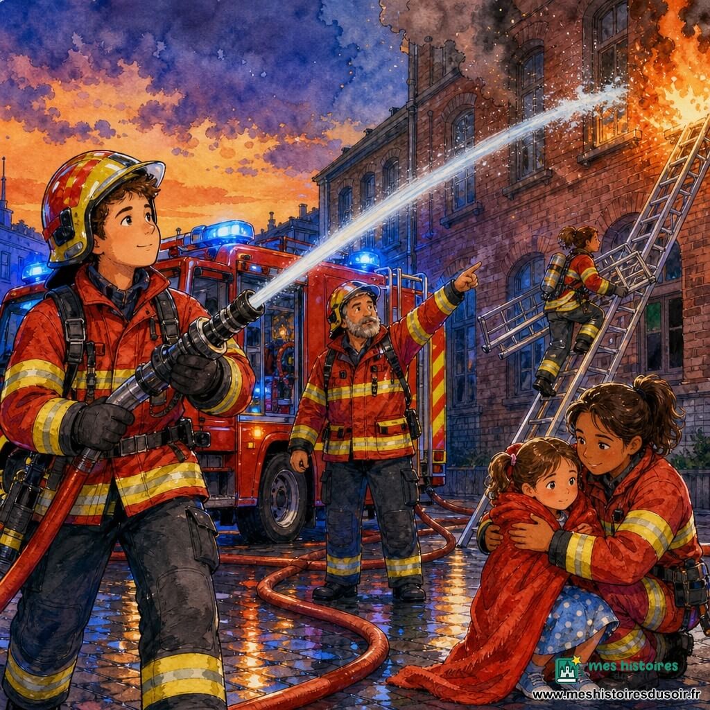 Un jeune pompier d'environ 25 ans au visage rond et cheveux bruns courts, veste ignifugée rouge et jaune et casque brillant, tient une lance projetant un jet d'eau vers les flammes; le capitaine Dupont, environ 45 ans, barbe grise courte, donne des instructions près du camion rouge en pointant vers l'échelle déployée; une fillette d'environ 7 ans en robe bleue à pois blancs, les cheveux en couettes, serre une couverture rouge tenue par une pompière d'environ 30 ans à la peau bronzée et queue de cheval, qui porte une échelle métallique et monte l'échelle déroulée pour aider les habitants; lieu : rue pavée mouillée devant un immeuble en briques aux fenêtres fumantes et reflets orangés, camion garé en biais, tuyaux au sol et gyrophares; situation : lutte d'équipe contre un incendie urbain au crépuscule, jets d'eau illuminant la fumée, atmosphère dramatique mais rassurante, style enfantin encre colorée aux traits nets et aux couleurs saturées.