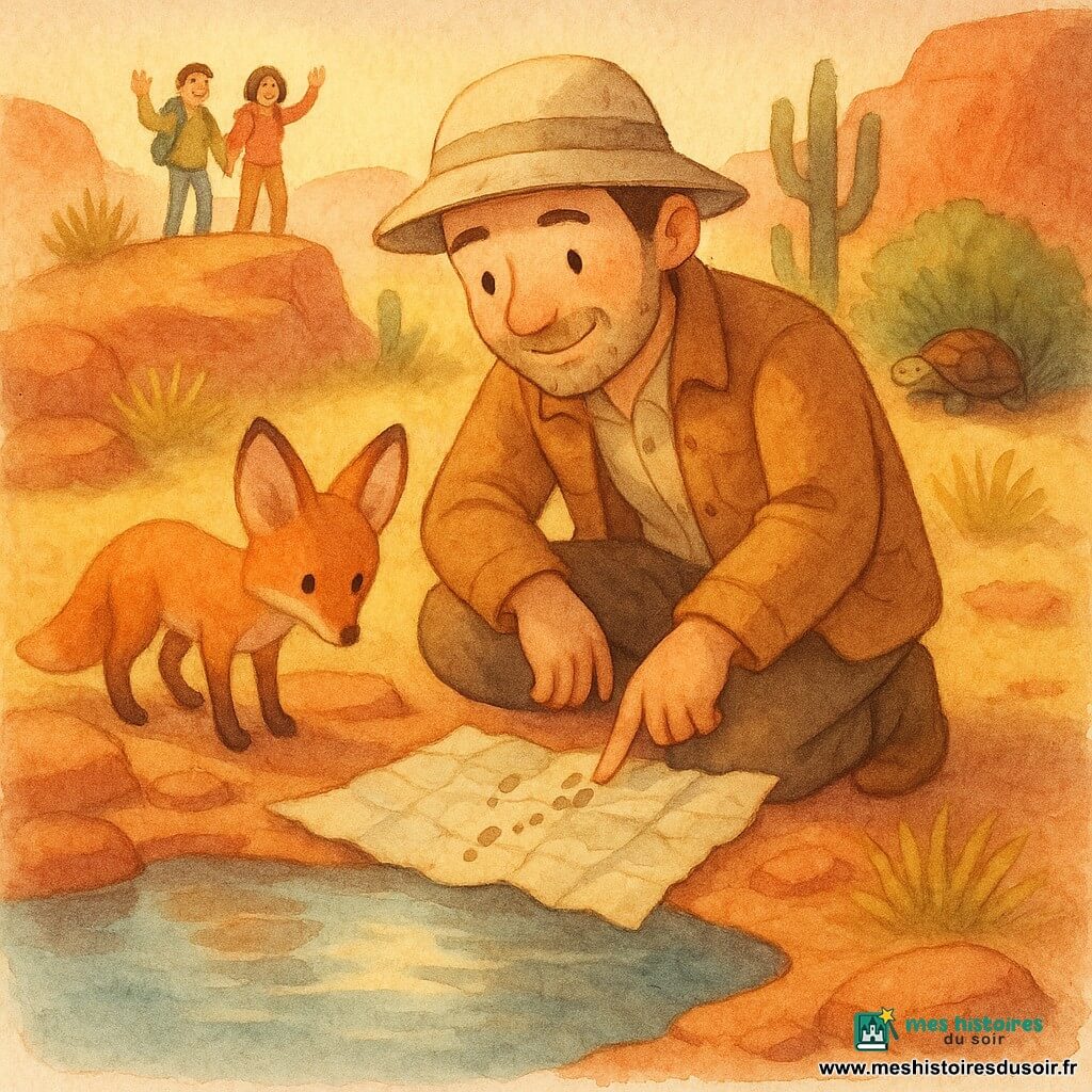 Antoine, explorateur souriant et calme, accroupi près d’une petite mare dans une minuscule oasis de roches rouges, trace des empreintes sur une carte froissée tandis qu’un petit renard du désert l’observe, un couple de voyageurs lui fait signe depuis un coteau lointain et une tortue somnole sous un buisson; cactus, touffes d’herbe jaune et lumière du soleil couchant créent une atmosphère paisible et d’aventure.