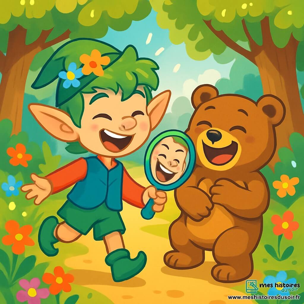 Un elfe farceur nommé Fino, avec de grandes oreilles pointues et des cheveux verts, danse joyeusement sur un chemin ensoleillé. Il porte un chapeau vert orné de fleurs et un gilet en velours bleu. À ses côtés, un ours en peluche vivant, le Gardien du Rire, rit aux éclats. La scène se déroule dans la Vallée des Échos, un lieu magique rempli de fleurs multicolores et de grands arbres. Fino montre un miroir magique au Gardien du Rire, et tous deux éclatent de rire en voyant leurs reflets déformés.