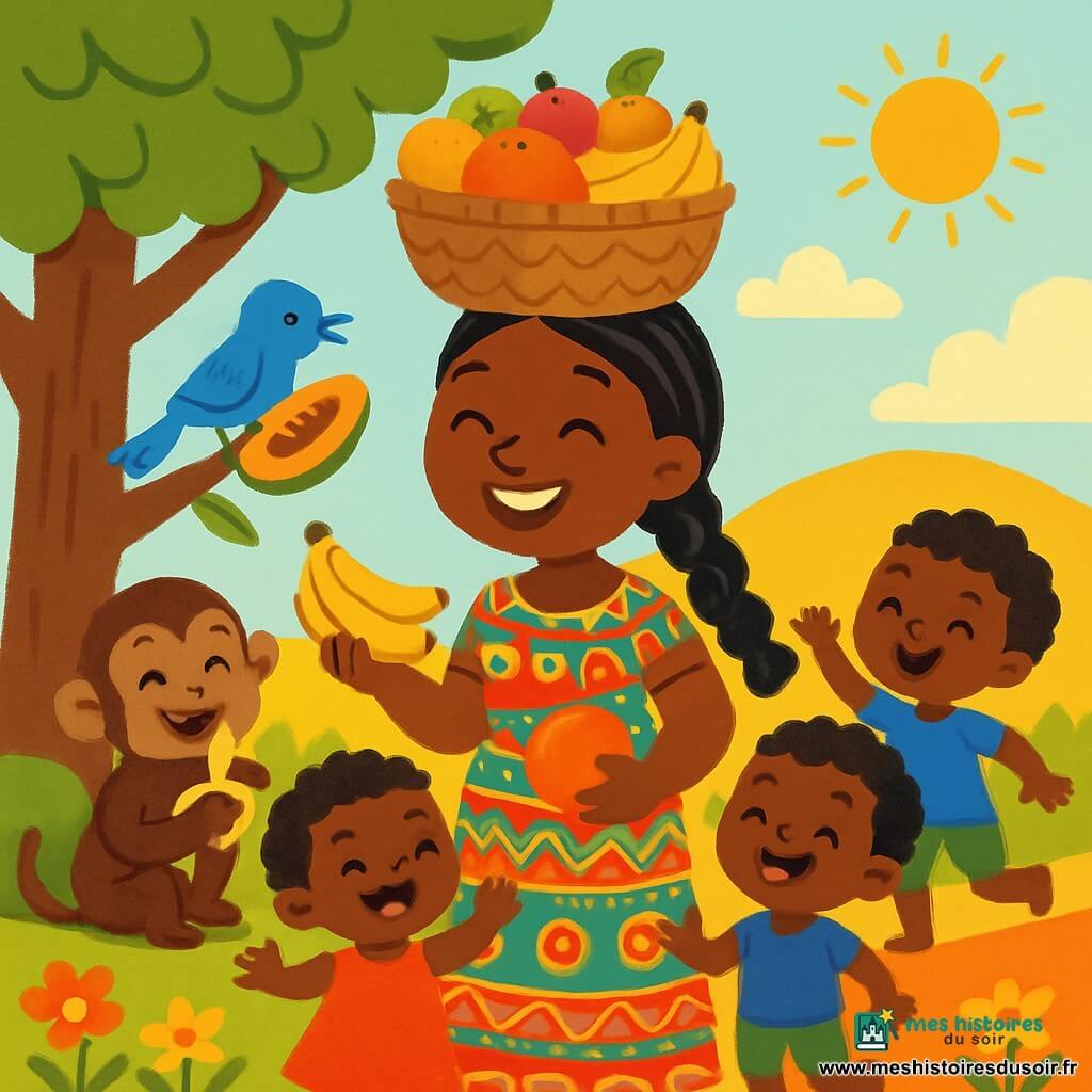 Mama Lila est une femme souriante avec de longs cheveux noirs tressés et une robe colorée ornée de motifs africains. Elle porte un grand panier sur sa tête, rempli de fruits juteux, et rayonne de joie en partageant des bananes et des mangues. Un petit singe espiègle grignote une banane à ses côtés, tandis qu'un oiseau bleu picore une papaye sur une branche. La scène se déroule sous un grand arbre majestueux sur un chemin rouge, dans un paysage ensoleillé parsemé de fleurs colorées. Mama Lila partage ses fruits avec les animaux et les enfants du village qui dansent autour d'elle, créant une atmosphère de bonheur sous le doux soleil.