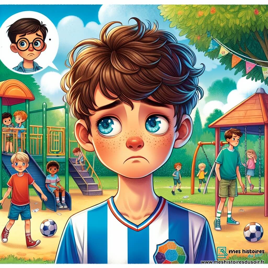 Hugo, un garçon de 8 ans aux cheveux bruns en bataille et aux yeux pétillants, se tient au centre de la cour de récréation avec une expression triste. Il porte un maillot de foot bleu vif. À côté de lui, Jules, un autre garçon de 8 ans aux cheveux blonds courts et lunettes rondes, le regarde avec gêne. La cour est animée, avec des enfants jouant, des balançoires grinçantes et un grand arbre. Des dessins colorés décorent le mur de la cantine. Hugo, tenant son téléphone d'une main et l'autre serrée contre son cœur, est entouré de moqueries illustrées par des bulles de dialogue. L'ambiance est vive mais tendue, montrant le contraste entre la joie des jeux et la peine d'Hugo, qui se sent isolé.