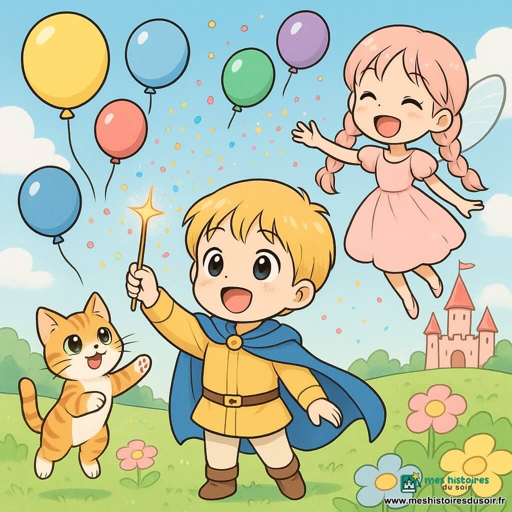 Un garçon d’environ 5 ans au visage rond et souriant, cheveux blonds courts, portant une petite cape bleue et une tunique dorée, agite une baguette magique en regardant émerveillé des ballons colorés qui s’envolent; un chaton tigré orange et blanc aux yeux brillants bondit sur la pointe des pattes vers un ballon rouge à la gauche du prince; une petite fée joyeuse d’environ 120 cm, cheveux rose pâle en nattes et ailes translucides, vole au-dessus en saupoudrant des confettis scintillants; la scène se déroule dans une prairie verte parsemée de grosses fleurs pastel avec, au loin, un petit château aux tours roses sous un ciel bleu clair à nuages floconneux; ambiance joyeuse de ballons tourbillonnants et confettis tombant, style graphique manga aux traits doux, couleurs pastel saturées, formes simples et arrondies, expressions lisibles et bienveillantes.