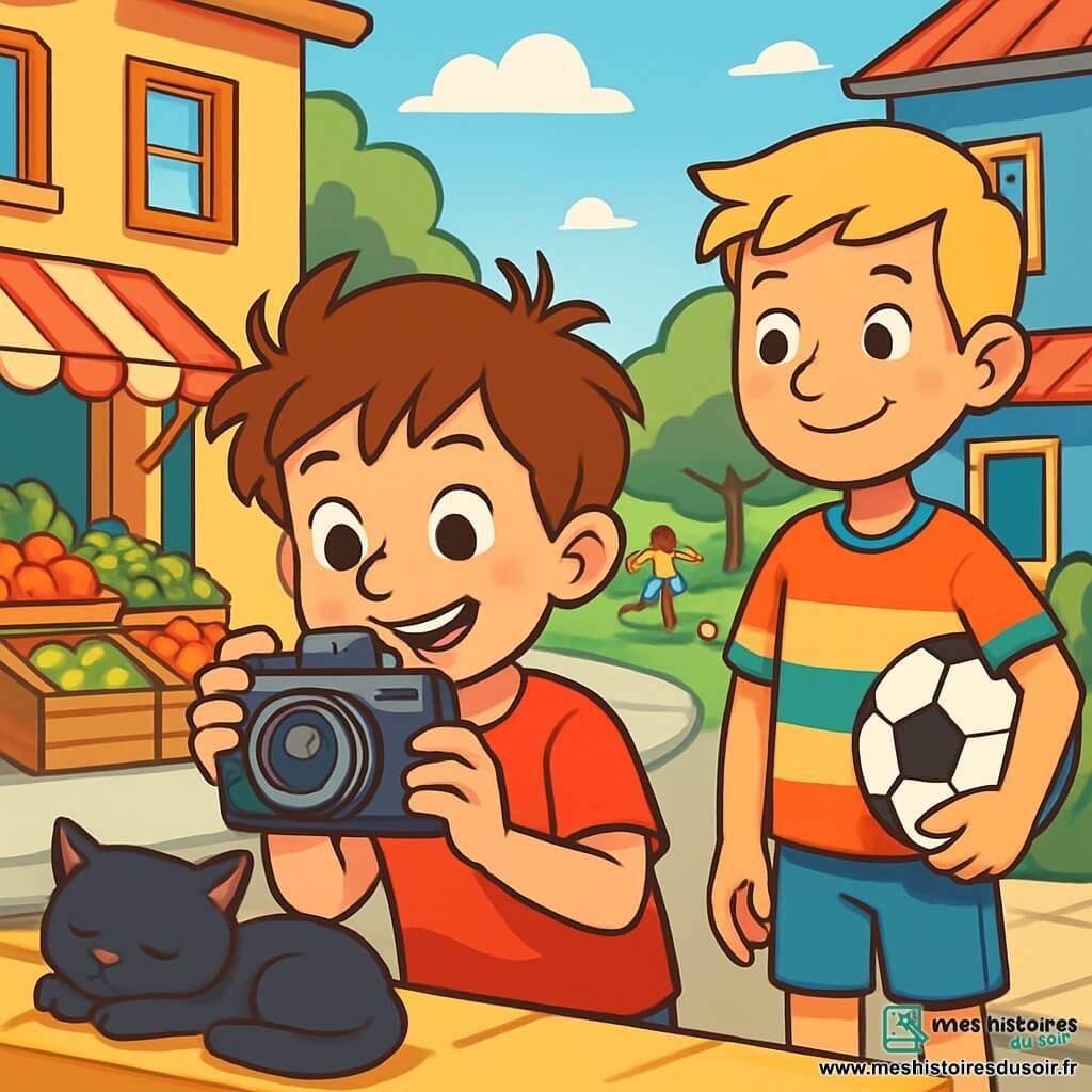 Un garçon de 8 ans, Tom, avec des cheveux bruns en bataille et des yeux curieux, tient un vieil appareil photo. Son visage exprime joie et émerveillement dans une rue animée. À ses côtés, Sam, 12 ans, aux cheveux blonds et sourire chaleureux, l'observe avec admiration, tenant une balle de football. La rue est colorée, avec des maisons, des étals de fruits et légumes, et des enfants jouant dans un parc. La lumière du soleil crée une atmosphère joyeuse. Tom prend une photo d'un chat noir endormi sur un mur, capturant un moment de bonheur simple.