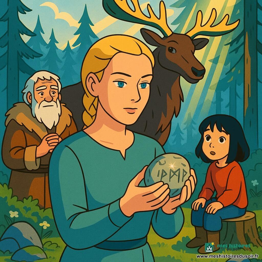 Astrid, femme d’environ 30 ans au visage pâle et aux yeux bleus, cheveux blonds tressés, tient une pierre ronde gravée de runes ; un élan au pelage brun foncé et aux bois dorés se tient derrière elle dans une clairière de pins moussus, Gunnar, un homme âgé à la barbe blanche, observe à gauche, et une fillette aux cheveux noirs est assise à droite, tous baignant dans une lumière dorée froide évoquant une atmosphère nordique de découverte et de respect, composition centrée sur Astrid et la pierre, style ligne claire aux contours nets.
