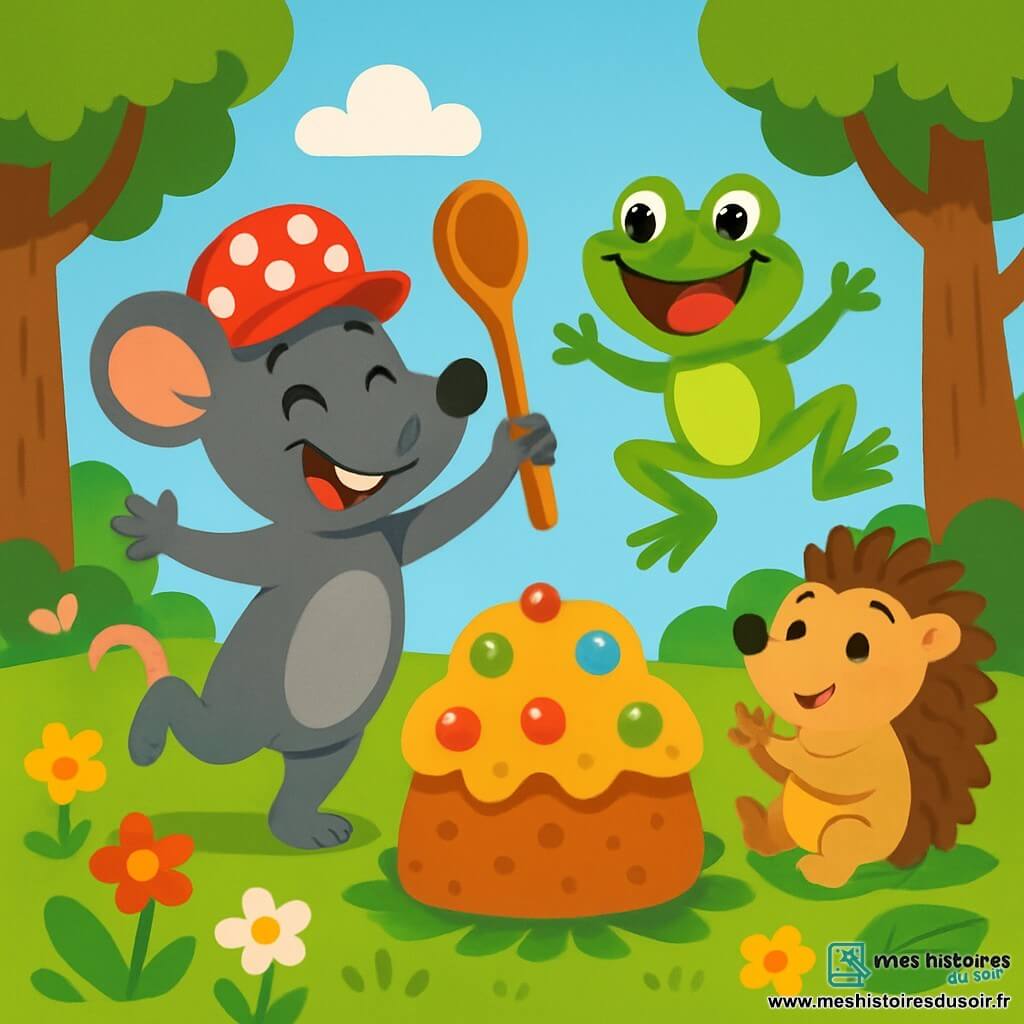 Rémi le rat, un petit rongeur aux grandes oreilles et à la fourrure grise, danse joyeusement avec un sourire. Il tient une cuillère magique et porte une casquette rouge à pois blancs. À ses côtés, Louna la grenouille, avec sa peau verte et ses grands yeux ronds, saute en riant, entourée de fleurs colorées. Hugo le hérisson, avec ses piquants bruns, applaudit en s’amusant, assis sur un tapis de feuilles. La scène se déroule dans une clairière ensoleillée, remplie de fleurs multicolores et d’arbres épais, avec un ciel bleu et des nuages blancs. Au centre, un grand gâteau décoré de bonbons attire l’attention des animaux, qui chantent et dansent autour, créant une atmosphère de joie.