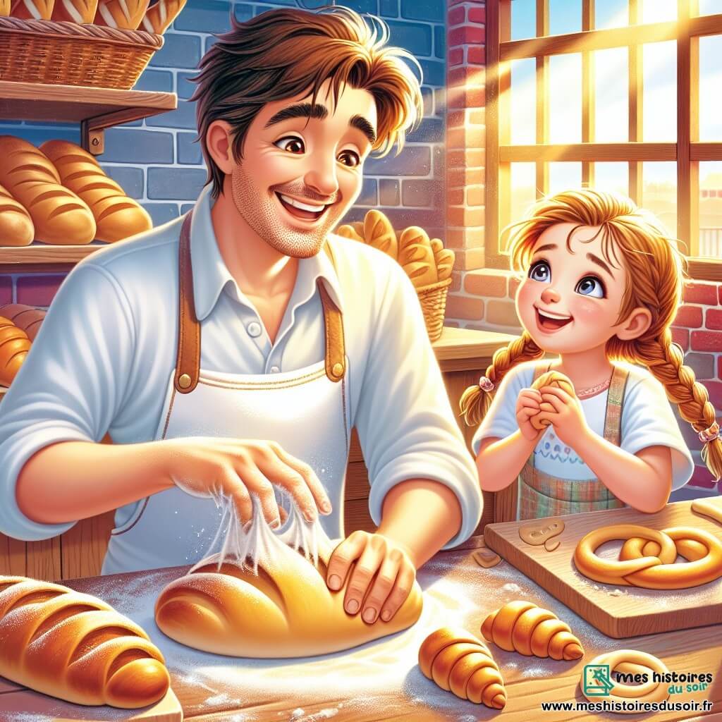 Un homme nommé Pierre, souriant et aux yeux pétillants, pétrit une pâte à pain dans une boulangerie. Il porte un tablier blanc taché de farine. À ses côtés, Léa, une petite fille de 7 ans aux cheveux blonds tressés, tient un morceau de pâte, prête à façonner un croissant. Lucas, un garçon de 6 ans aux cheveux châtains, est concentré sur un bonhomme en pâte. La boulangerie, chaleureuse avec des murs en briques rouges et des étagères de pains et pâtisseries, est illuminée par des rayons de soleil. Pierre, Léa et Lucas partagent un moment de créativité et de bonheur en apprenant à faire du pain.