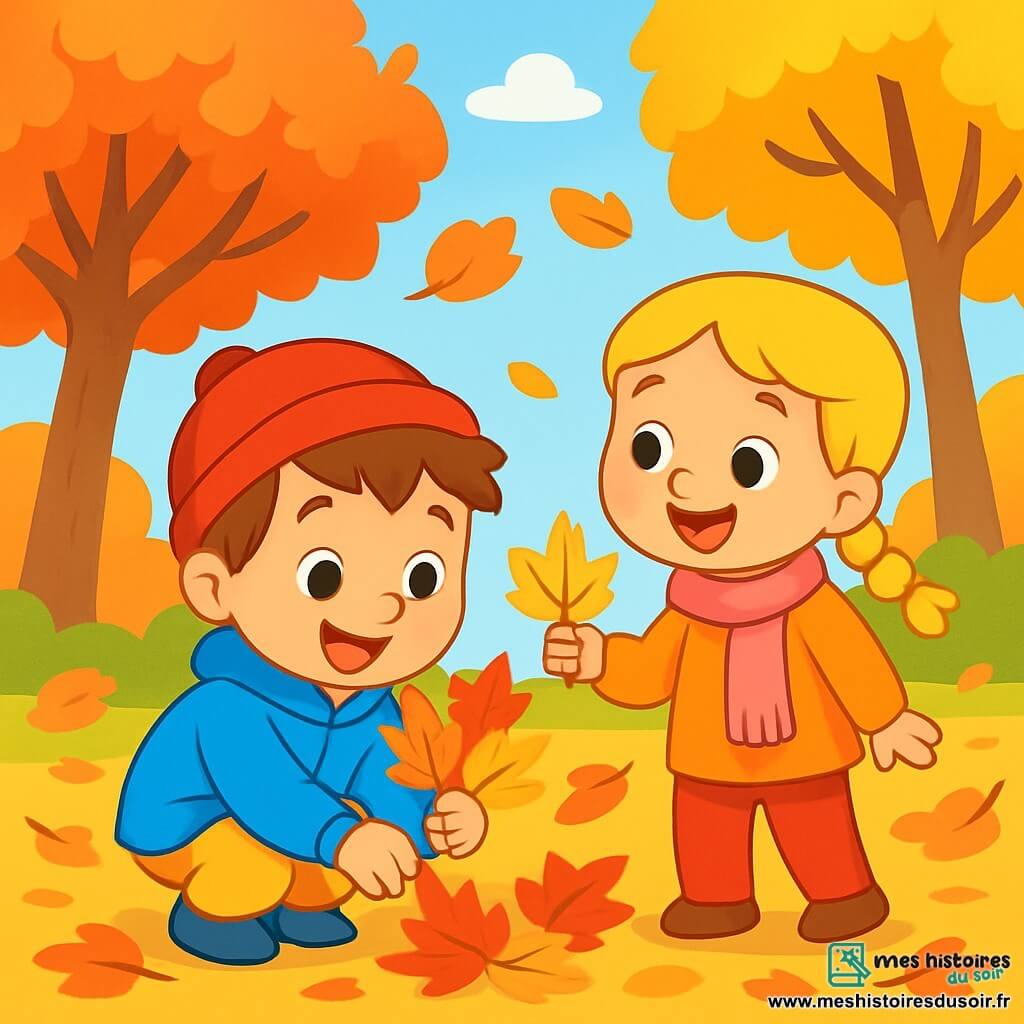 Un garçon de 4 ans, Léo, avec des cheveux bruns en désordre et des yeux pétillants, porte un manteau bleu vif et un bonnet rouge. Accroupi et souriant, il ramasse des feuilles d’automne colorées. À côté de lui, Zoé, une petite fille de 4 ans avec des cheveux blonds tressés et une écharpe rose, tient une feuille jaune et regarde Léo avec enthousiasme. Le parc est rempli d’arbres aux feuilles colorées, le sol est un tapis de feuilles croustillantes, et le ciel est bleu clair avec des nuages blancs. Léo et Zoé s’amusent à ramasser des feuilles, riant ensemble, tandis que le vent souffle doucement autour d’eux.