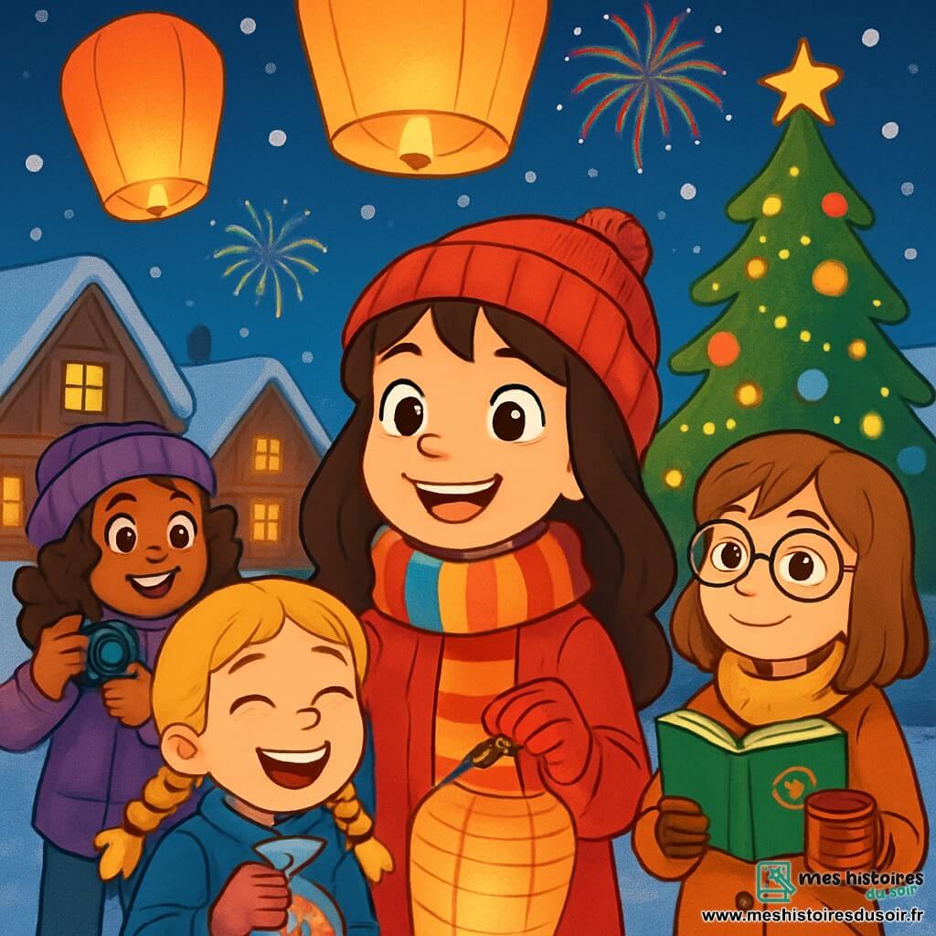 Quatre enfants se tiennent dans une place de village enneigée. Clara, 10 ans, avec de longs cheveux bruns, porte un bonnet rouge vif et sourit en tenant une lanterne en papier. Émilie, également 10 ans, a des cheveux blonds tressés et rit avec un sachet de bonbons. Sophie, avec des cheveux châtains et des lunettes, tient un livre et un chocolat chaud, tandis que Zoé, avec des cheveux bouclés et un bonnet violet, est prête à photographier le moment. La place est décorée de lanternes colorées et d'un sapin scintillant, créant une ambiance festive. Les amies lèvent leurs lanternes vers le ciel étoilé, prêtes à faire un vœu pour la nouvelle année, tandis que des feux d'artifice illuminent la nuit.