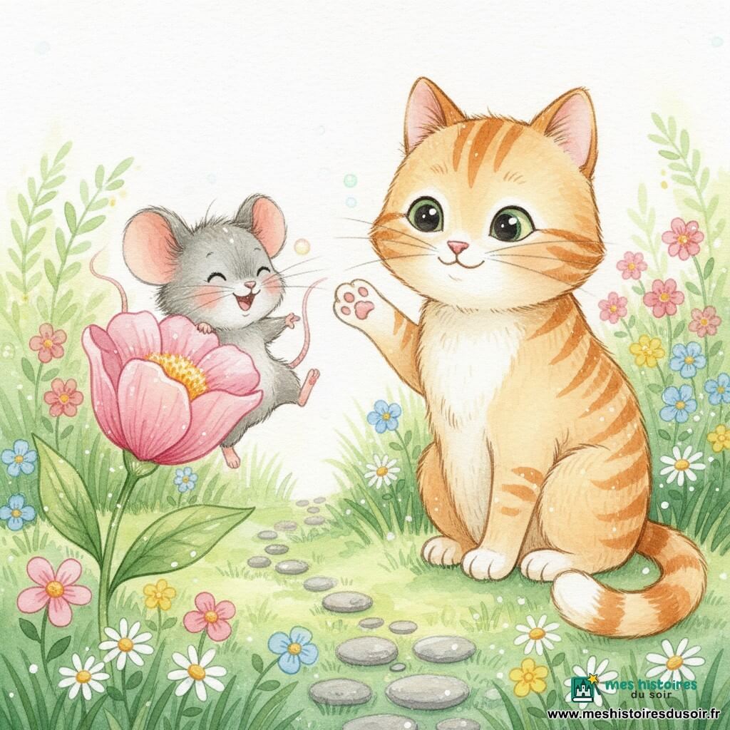 Une petite souris grise au pelage duveteux, yeux noirs brillants, rit timidement et se cache à moitié derrière une grande fleur rose ; un grand chat rayé orange et crème, aux yeux verts doux, assis près de la fleur, patte levée en salut, la regarde avec bienveillance. Dans un jardin luxuriant parsemé de pâquerettes et de fleurs colorées, sur un petit chemin de pierres rondes, ils se regardent avec complicité au matin, lumière douce et reflets givrés.