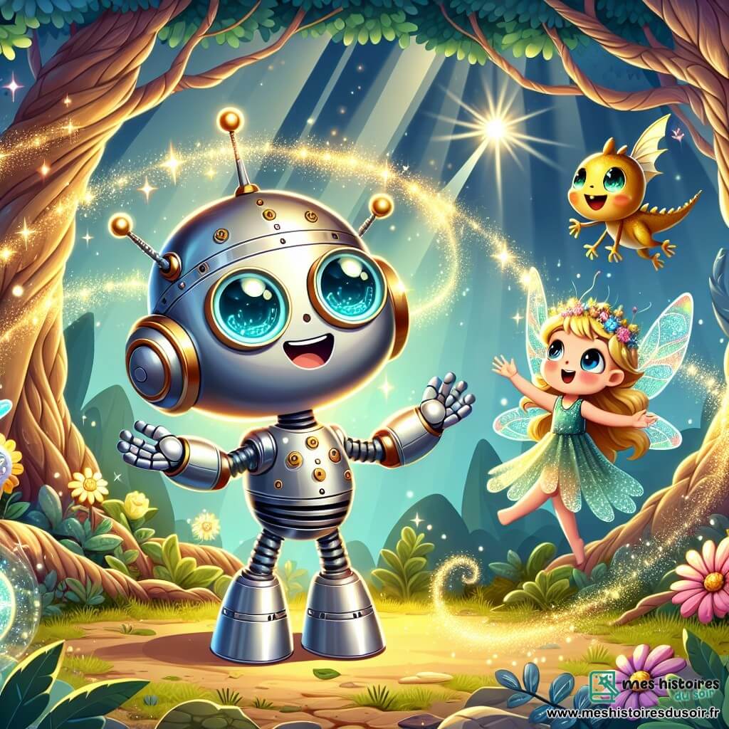 Un petit robot en aluminium poli, avec des yeux en forme de boutons brillants et un large sourire, se tient au centre d'une clairière enchantée, les bras levés, créant des étincelles magiques. Il exprime une joie contagieuse, ses rouages scintillant sous le soleil. À ses côtés, une petite fée aux ailes translucides et colorées, avec une robe de pétales de fleurs, sourit, admirant le spectacle lumineux. Un dragon miniature aux écailles dorées, flottant dans les airs, regarde avec curiosité, prêt à s'envoler. La scène se déroule dans une forêt magique, où des arbres majestueux sont ornés de fleurs chantantes et où des rayons de soleil créent une atmosphère féerique. Le robot utilise son pouvoir pour créer un spectacle lumineux, unissant magie et technologie, tandis que les créatures de la forêt l'observent avec admiration, prêtes à célébrer leur amitié.