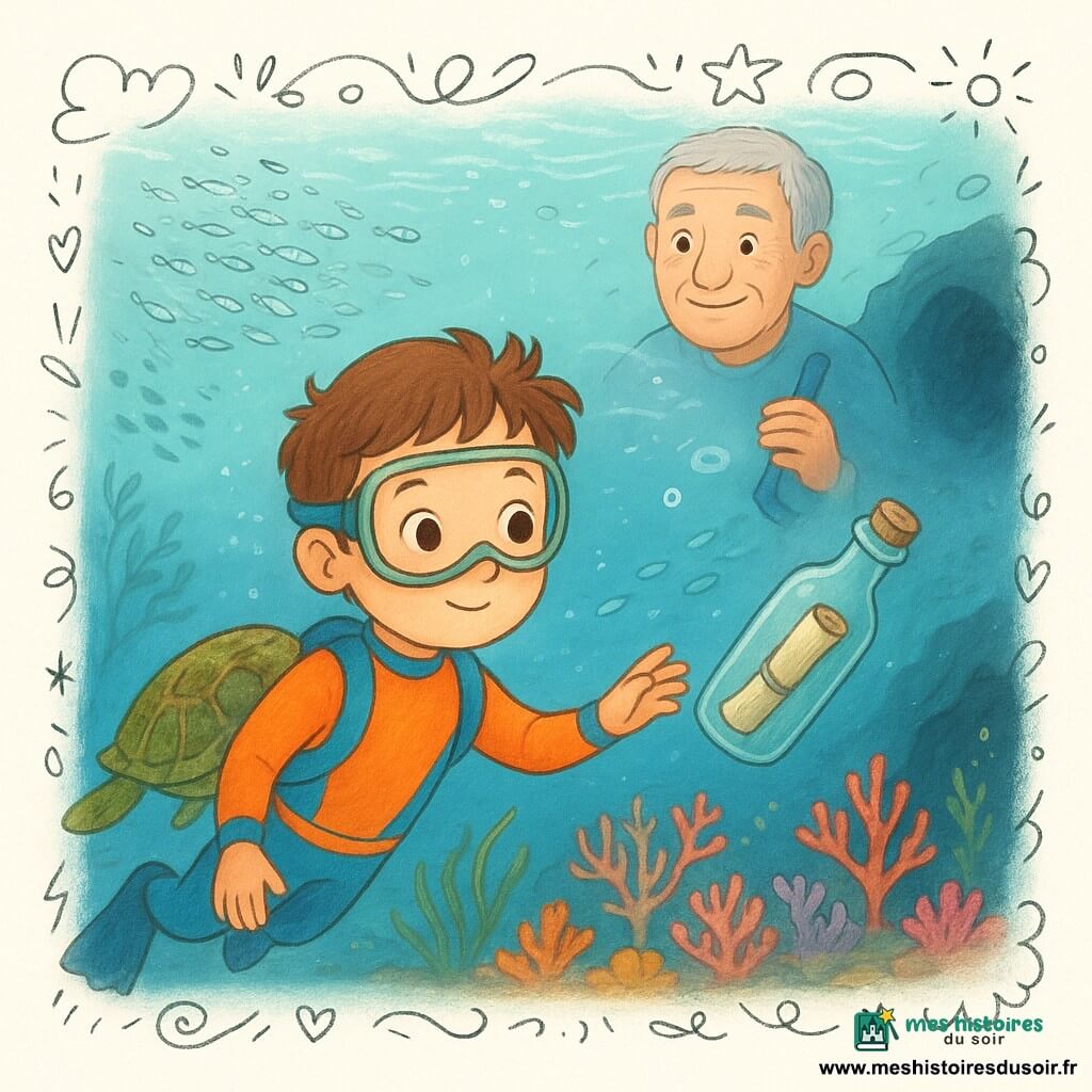Un garçon de 8 ans au visage rond et cheveux bruns en bataille flotte sous l'eau en combinaison colorée, tendant la main vers une bouteille flottante contenant un papier ; derrière lui, un grand-père d'environ 70 ans, cheveux gris courts, sourit à la surface en tenant un masque et un petit bracelet marin ; une tortue marine verte à carapace brune et verte glisse lentement à sa gauche ; décor sous-marin lumineux avec bancs de poissons argentés, coraux roses/orange/violets, algues ondulantes et une grotte sombre à droite, la scène montrant le garçon hésitant entre la grotte, le jardin de corail et la bouteille, ambiance sereine et couleurs vives.