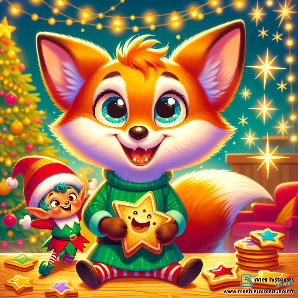 Petit Renard, un renard au pelage orange vif et aux grands yeux malicieux, est assis sur une table en bois, souriant joyeusement avec un biscuit en forme d'étoile dans ses pattes. À ses côtés, le Lutin Farceur, avec son bonnet rouge et ses cheveux bouclés, fait des grimaces tout en sautant sur la table, entouré d'étoiles dorées scintillantes. La scène se déroule dans une cuisine chaleureuse, décorée de guirlandes colorées et d'un sapin de Noël illuminé, avec des biscuits brillants sur la table. Petit Renard et le Lutin Farceur partagent un moment joyeux en riant et en cherchant des biscuits cachés dans une ambiance festive et magique.