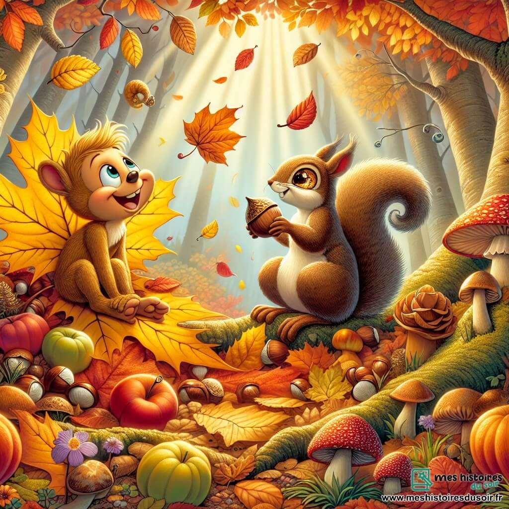 Félix, une feuille d'érable jaune doré, flotte dans les airs avec un grand sourire, émerveillé par l'automne. À ses côtés, Ernest, un écureuil aux yeux pétillants, est perché sur une branche avec une noisette, prêt à partager sa joie. En dessous, un tapis de feuilles colorées recouvre le sol de la forêt enchantée, où des champignons multicolores émergent. La scène dépeint la fête de l'automne, avec des animaux rassemblés autour d'une grande table de fruits, dans une ambiance festive et chaleureuse, illuminée par le soleil.