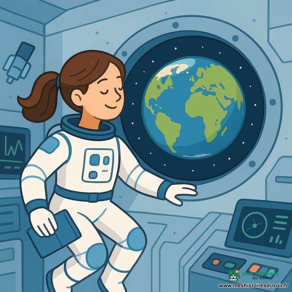 Maëlle, une astronaute, flotte dans une station spatiale, souriante. Ses cheveux bruns sont attachés en queue de cheval, et elle porte une combinaison spatiale blanche avec des détails bleus. Elle tient un carnet de bord avec du velcro. À travers le hublot, on voit la Terre, majestueuse et lumineuse, avec des continents et océans visibles. La station est moderne et épurée, avec des panneaux de contrôle lumineux et des équipements scientifiques flottants. Maëlle regarde par le hublot, captivée par la vue de la Terre, tandis que des écrans affichent des données en arrière-plan.