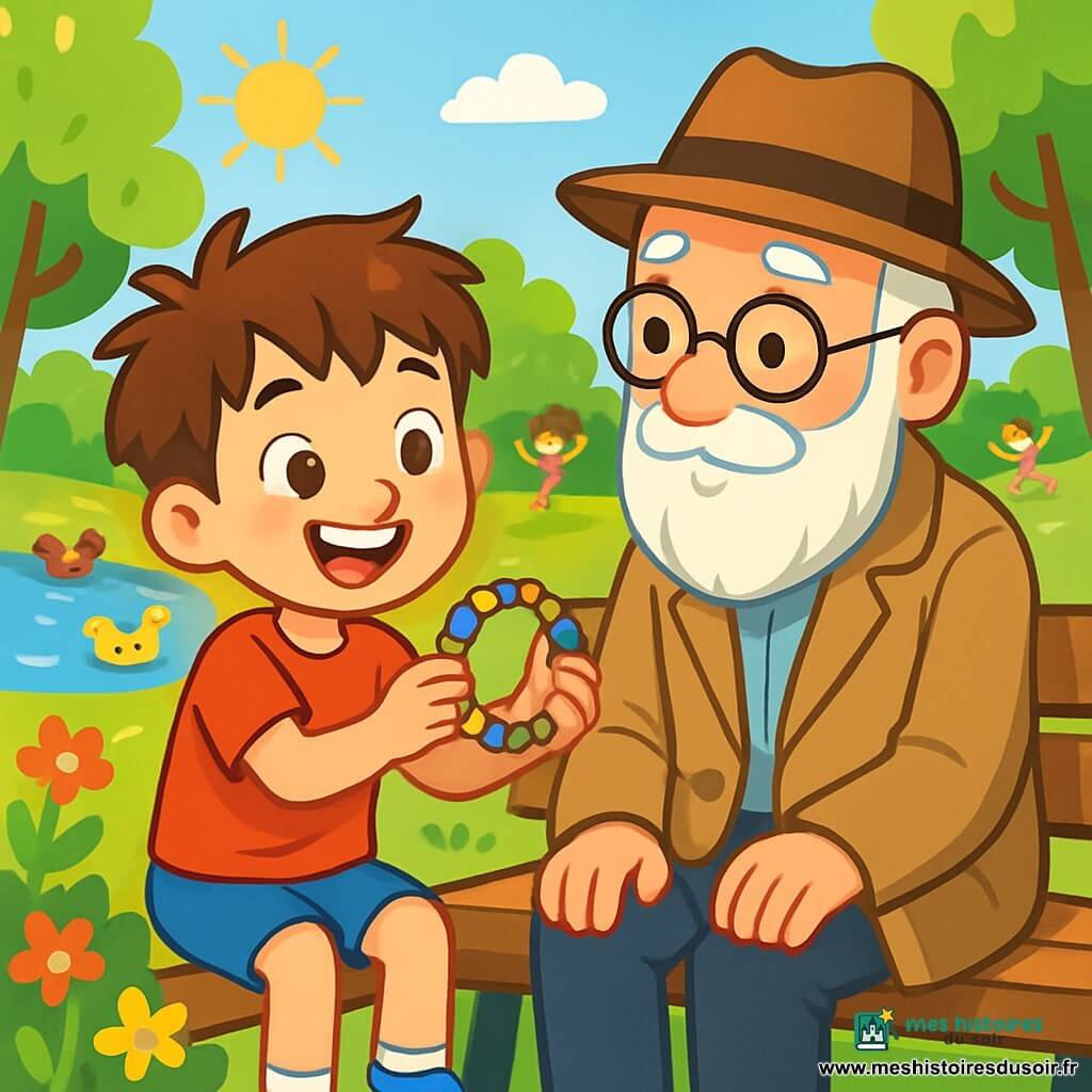 Un garçon de 6 ans, Timéo, avec des cheveux bruns en bataille et des yeux pétillants, est assis sur un banc dans un parc ensoleillé. Il porte un t-shirt rouge et un short bleu, souriant en tenant un bracelet coloré. À côté de lui, René, un homme de 70 ans avec une longue barbe blanche et des lunettes, le regarde avec un sourire. Le parc est verdoyant, avec des arbres et des fleurs colorées. Au loin, des canards nagent dans un étang tandis que d'autres enfants jouent. Timéo offre le bracelet à René, un moment symbolisant l'amitié et le partage.