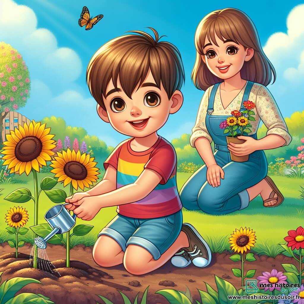Léo, un garçon de 10 ans aux cheveux châtains et aux yeux curieux, est agenouillé dans son jardin ensoleillé, souriant, les mains dans la terre. Il porte un t-shirt coloré et un short, arrosant de jeunes pousses de tournesols. Sa mère, une femme d'une trentaine d'années aux longs cheveux bruns, l'encourage avec fierté, tenant une petite pelle. Le jardin est vibrant, rempli de fleurs colorées, de verdure et d'un ciel bleu. Des papillons volent autour des fleurs, et un arbre en fleurs ajoute une touche printanière. Léo, émerveillé par la nature, prend soin de son jardin tandis que sa mère partage ce moment précieux avec lui.