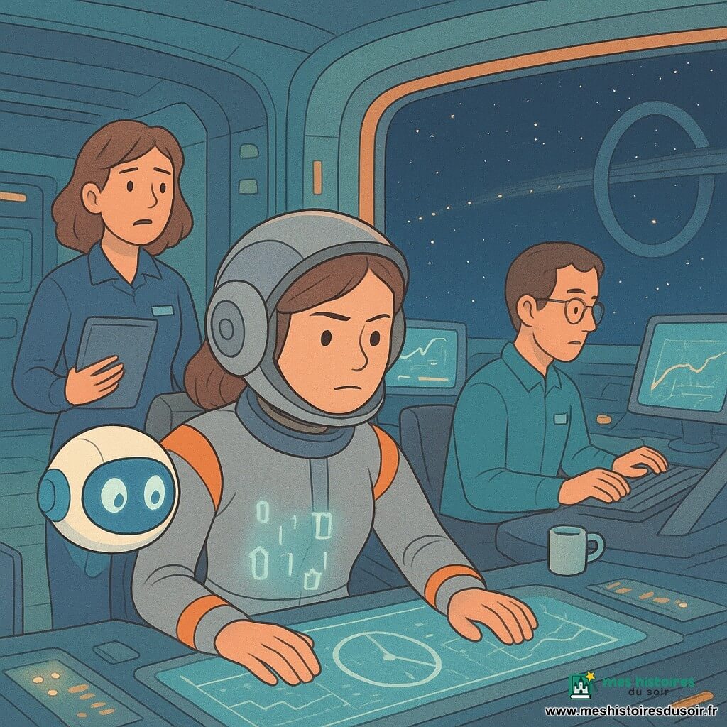 Lina, femme d'environ 30 ans, concentrée et sereine, casque partiellement relevé, tient ses mains sur une console lumineuse en verre tandis que Mimo, petit drone sphérique blanc et bleu aux yeux-lentilles, flotte à sa hauteur et projette des hologrammes de chiffres. Nora, contrôleur traffic d'une quarantaine d'années, en tenue bleue tient une tablette derrière Lina, et Malik, technicien d'une trentaine d'années, est assis à une console à droite; tous travaillent dans une grande salle de contrôle arrondie aux consoles noires et écrans colorés, éclairée par des LED vertes et orange et donnant sur une baie vitrée où l'on voit un anneau métallique et une file de cargos lumineux dans l'espace. L'ambiance est tendue mais maîtrisée: écrans montrant horloges, courbes de poussière et carte spatiale, Lina donne des instructions calmes tandis que le convoi file dans un couloir de lumière; style graphique aux traits doux, couleurs pastel saturées, texture papier, compositions claires et perspective légèrement plongeante.