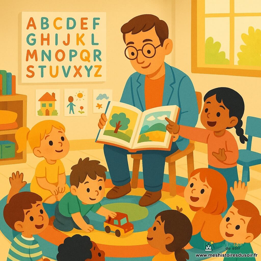 Un instituteur souriant aux cheveux châtains courts et lunettes rondes, veste bleu clair, assis sur une petite chaise en bois lit un grand livre coloré pendant que les enfants — Clémence (5 ans, cheveux blonds en couette, robe jaune), Léo (5 ans, cheveux bruns en bataille, t-shirt vert) et Louise (5 ans, cheveux noirs en tresse, pull rose) — et d'autres 4–6 ans sont assis en cercle sur un tapis multicolore, attentifs et émerveillés, quelques mains levées ; la classe lumineuse aux murs crème avec affiches et dessins, étagères basses de livres, grande fenêtre laissant entrer une lumière dorée, ambiance calme, chaleureuse et partagée, style vectoriel épuré aux couleurs vives et formes simples.