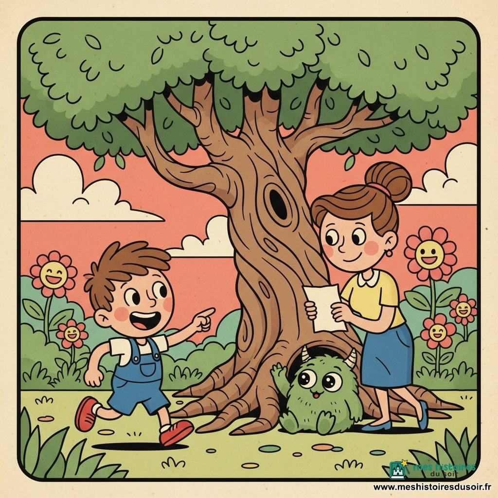 Garçon de 4 ans aux cheveux bruns en bataille en salopette bleue, sourire aux lèvres, court vers un grand arbre au tronc torsadé pendant que sa maman la trentaine, chignon, lui montre une petite carte au trésor jaunie; un petit monstre vert et doux dort à moitié sous les racines en levant une patte pour saluer; décor de parc fantastique avec herbe pastel ondulée, fleurs géantes souriantes et ciel saumon à nuages marshmallow, ambiance joyeuse et tendre, couleurs saturées, formes arrondies, contours épais et texture papier ancien.