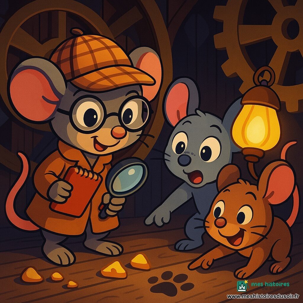 Sacha, la petite souris détective, porte des lunettes rondes et un chapeau à carreaux. Elle est excitée et déterminée, tenant un carnet d’enquête tout en examinant des miettes de fromage. À côté d'elle, Zoé, la souris rapide, avec sa fourrure grise et ses grandes oreilles, montre son enthousiasme en pointant une empreinte de patte. Milo, le roi des blagues, a une fourrure brune et un large sourire, tenant une lampe-tulipe qui éclaire la scène. Leur enquête se déroule dans la grande horloge de l'école, un lieu mystérieux avec des murs en bois sombre et des engrenages brillants. Ils découvrent des miettes de fromage et des empreintes de pattes, cherchant à résoudre le mystère du fromage disparu dans une ambiance d'aventure.