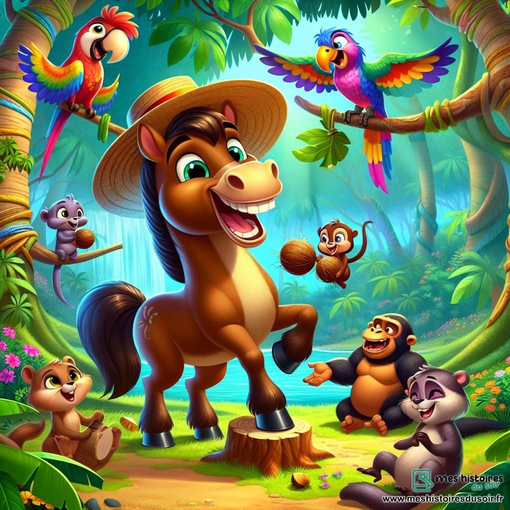 Biscuit, un cheval au pelage brun doré et au chapeau de paille de travers, sourit joyeusement sur une souche d'arbre, entouré de ses amis. Coco, le perroquet multicolore, jongle avec des noix de coco, tandis que Lili, la loutre, rit sur une pierre. Gus, le gorille musclé, se tient à côté de Biscuit, riant fort. La scène se déroule dans une jungle luxuriante, pleine d'arbres, de fleurs colorées et d'une rivière scintillante. Ils sont en pleine chasse au trésor, découvrant des objets amusants et partageant des rires, illustrant l'esprit d'aventure et d'amitié.