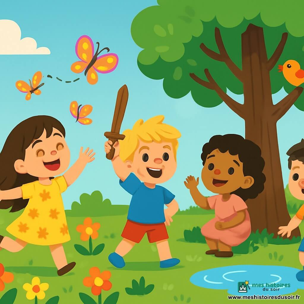Il y a 4 enfants : Zoé, 6 ans, avec de longs cheveux bruns et une robe jaune à fleurs, court après un papillon coloré. Léo, 5 ans, avec des cheveux blonds en bataille et un t-shirt bleu, brandit un bâton comme une épée. Mia, 6 ans, avec des cheveux bouclés et une robe rose, est accroupie près d'un arbre, souriant. Tom, 5 ans, avec des cheveux châtains et un short vert, est prêt à sauter dans une flaque d'eau. Le jardin est magique, rempli de fleurs éclatantes, de grands arbres et d'une flaque scintillante. Les enfants rient et jouent ensemble, Zoé poursuit un papillon, Léo fait semblant d'être un chevalier, Mia salue l'arbre, et Tom s'apprête à sauter dans la flaque.