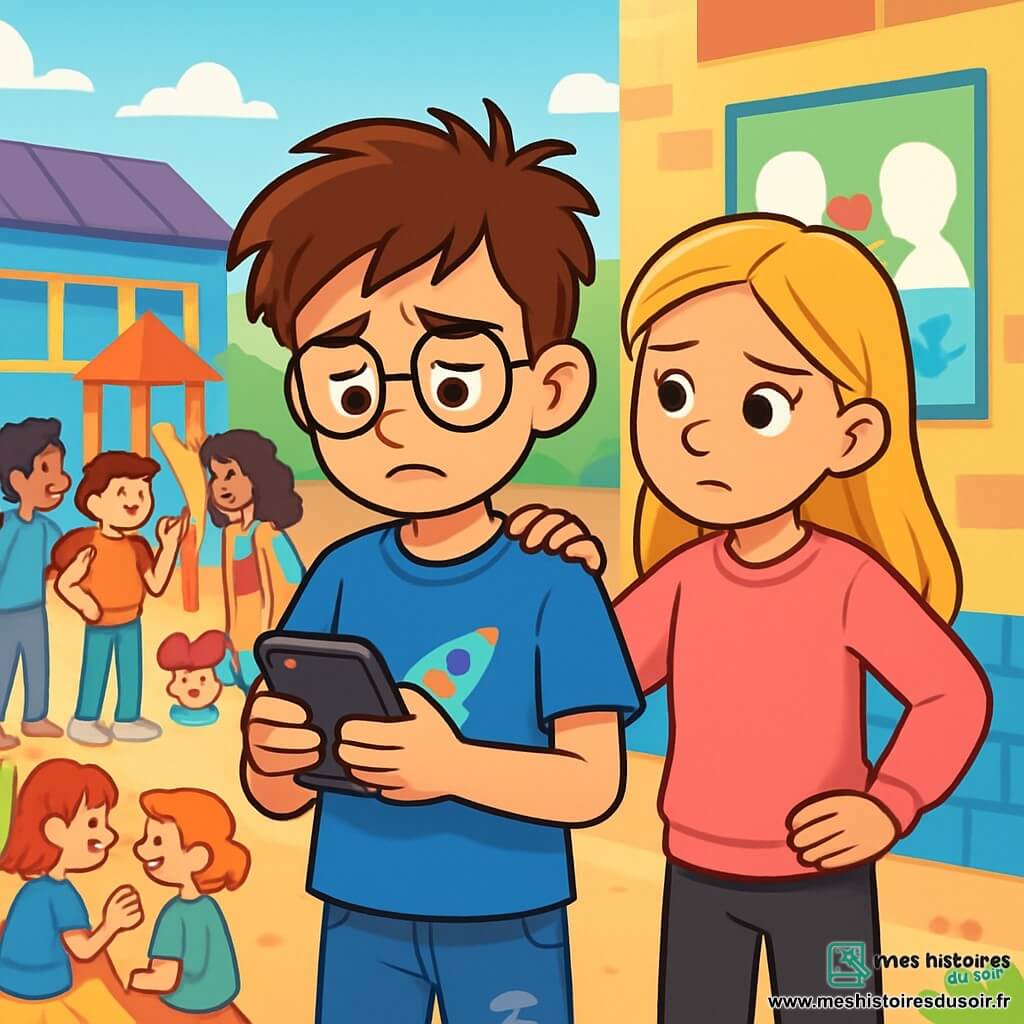 Lucas, un garçon de 12 ans avec des cheveux bruns en bataille et des lunettes rondes, se tient au centre de l'image, affichant une expression de tristesse et de détermination. Il porte un t-shirt bleu avec un motif de vaisseau spatial et un jean déchiré. À sa droite, sa meilleure amie Clara, également âgée de 12 ans, aux cheveux longs et blonds, le regarde avec compassion, les mains sur les hanches, vêtue d'un sweat rose et d'un pantalon noir. La scène se déroule dans une cour d'école animée, entourée de murs colorés et de jeux pour enfants, où des élèves discutent et rient. Au fond, une grande affiche sur le respect et l'empathie est accrochée à un mur. Lucas, tenant un téléphone, regarde l'écran avec vulnérabilité, tandis que Clara lui tend une main réconfortante, prête à l'écouter. L'atmosphère est chaleureuse et chargée d'émotion, illustrant le soutien et l'amitié dans un moment difficile.