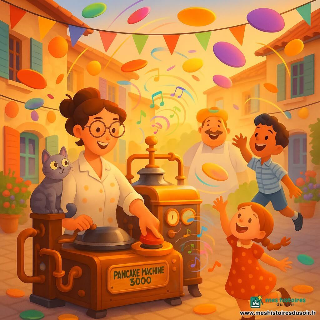Mathilde, inventrice souriante aux cheveux châtains en chignon décoiffé et lunettes rondes, blouse tachée, appuie sur le bouton de sa Pancake-Machine 5000 ; Grisou, chat gris tigré, perchée sur la machine avec la queue enroulée à un levier ; Timothée, garçon de 9 ans aux cheveux courts bouclés et chemise rayée, saute pour attraper un pancake flottant à droite ; Julie, fille de 6 ans aux tresses rousses et robe à pois, rit en tendant les bras vers un pancake multicolore à gauche ; M. Dupont, boulanger d'une cinquantaine d'années, rondouillard, porte un pancake coloré sur la tête et rit derrière la foule. Le décor est une place de village pavée au soleil, lampions et guirlandes, maisons en pierre et fleurs en pots ; la machine est un grand engin rétro-futuriste en métal et bois avec tuyaux cuivrés, cadrans dorés et une boîte à musique visible ; la scène montre une pluie de pancakes multicolores qui flottent en spirales musicales tandis que enfants dansent et adultes sourient, avec une lumière chaude de fin d'après-midi.