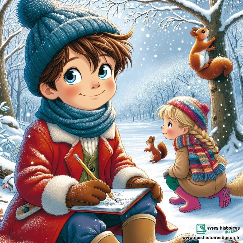 Un garçon de 11 ans, Antoine, avec des cheveux châtains ébouriffés et des yeux curieux, est assis dans la neige, souriant. Il porte un manteau rouge, un bonnet bleu et des gants assortis, tenant un carnet de croquis et un crayon, prêt à dessiner l'hiver. À ses côtés, Clara, une fille de 10 ans aux cheveux blonds tressés, observe un écureuil grimpant sur un arbre. Elle est vêtue d'une écharpe colorée et de bottes en caoutchouc. Le décor est une forêt enchantée, recouverte de neige scintillante, avec des arbres chargés de flocons et un ciel gris doux. Antoine et Clara explorent la nature, captivés par sa beauté et prêts à capturer leurs découvertes.