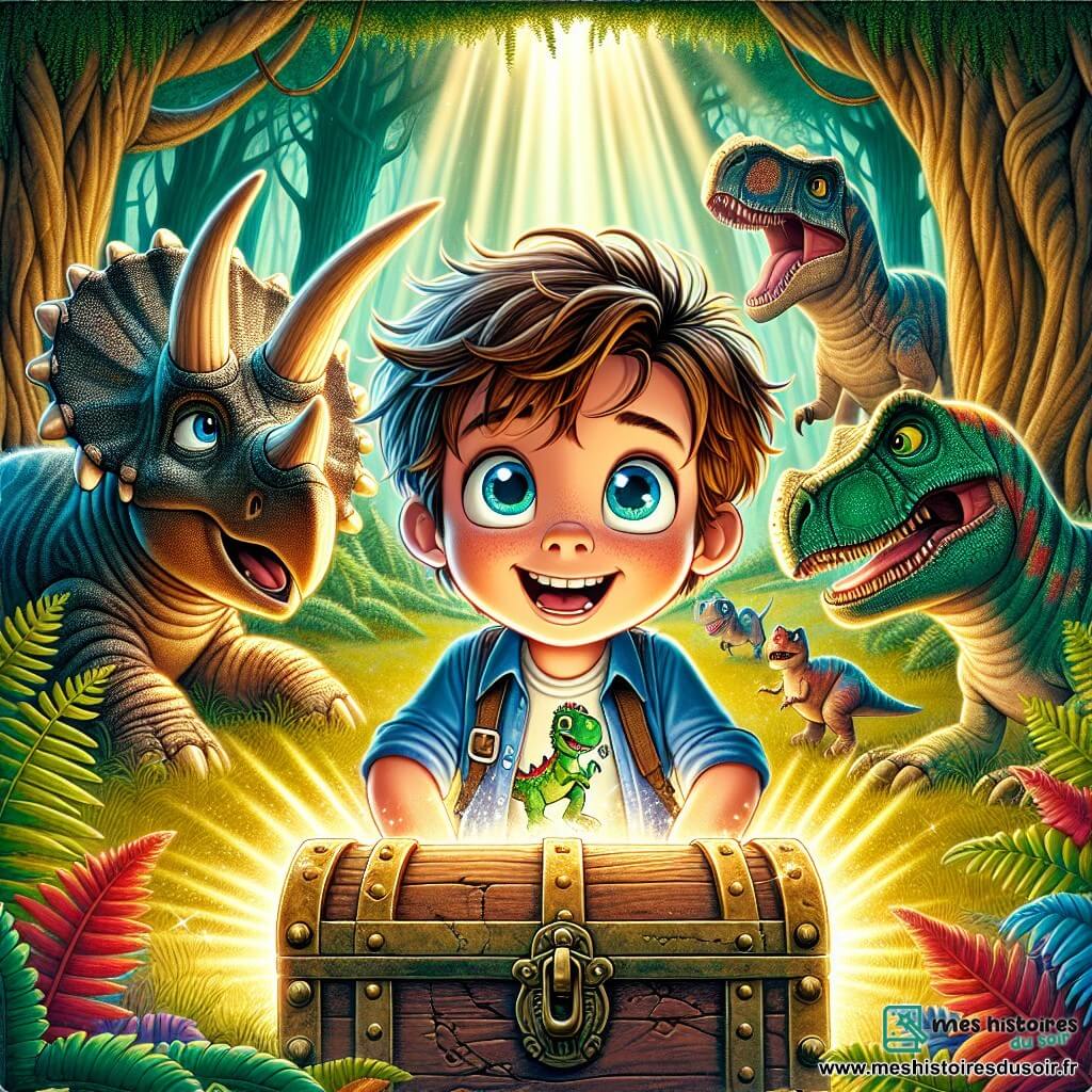 Au centre de l'image, un garçon de 7 ans nommé Lucas, aux cheveux bruns en bataille et aux yeux curieux, se tient devant un ancien coffret mystérieux. Il porte un t-shirt bleu avec un dinosaure et un short beige, affichant une excitation mêlée d'inquiétude. À côté de lui, un Tricératops majestueux, avec sa peau verte et ses trois cornes, le regarde avec douceur. En arrière-plan, des arbres géants et des fougères colorées créent une ambiance de forêt préhistorique. Lucas, émerveillé, ouvre le coffret mystérieux, entouré d'une lumière éclatante, symbolisant un voyage dans le temps. Des dinosaures colorés se déplacent autour d'eux, ajoutant de la magie à cette aventure.