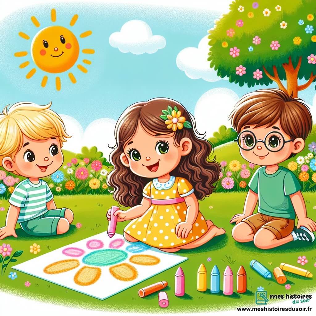 Trois personnages principaux : Léo, une petite fille de 7 ans avec des cheveux bouclés et bruns, portant une robe jaune à pois, assise sur l'herbe en train de dessiner un soleil coloré. Max, un garçon de 8 ans avec des cheveux blonds, un t-shirt bleu et un short, allongé sur une couverture, regarde ses amis avec enthousiasme. Anna, un garçon de 7 ans avec des lunettes rondes et des cheveux châtains, vêtu d'un t-shirt vert, debout à côté de Léo, tient une craie et montre un dessin de fleur. Le cadre est un jardin ensoleillé avec des fleurs colorées et des arbres verdoyants, sous un ciel bleu parsemé de nuages blancs. Les amis partagent un moment de joie, dessinant ensemble un grand soleil de l'amitié.